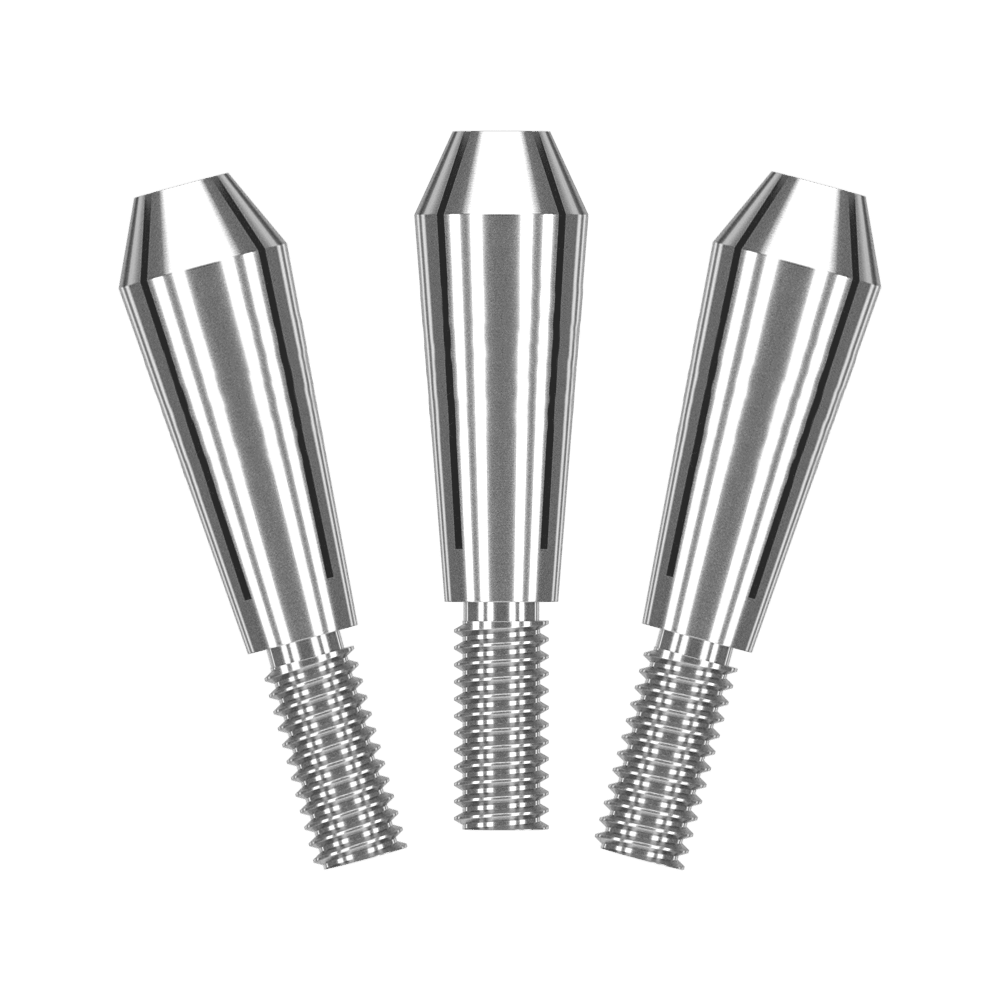 562_Harrows_Colette_Shafts_Ersatztops_1 Das Bild zeigt drei silberne Ersatzaufsätze für Harrows Colette Shafts. Sie sind aus Metall und haben ein Schraubgewinde am unteren Ende.