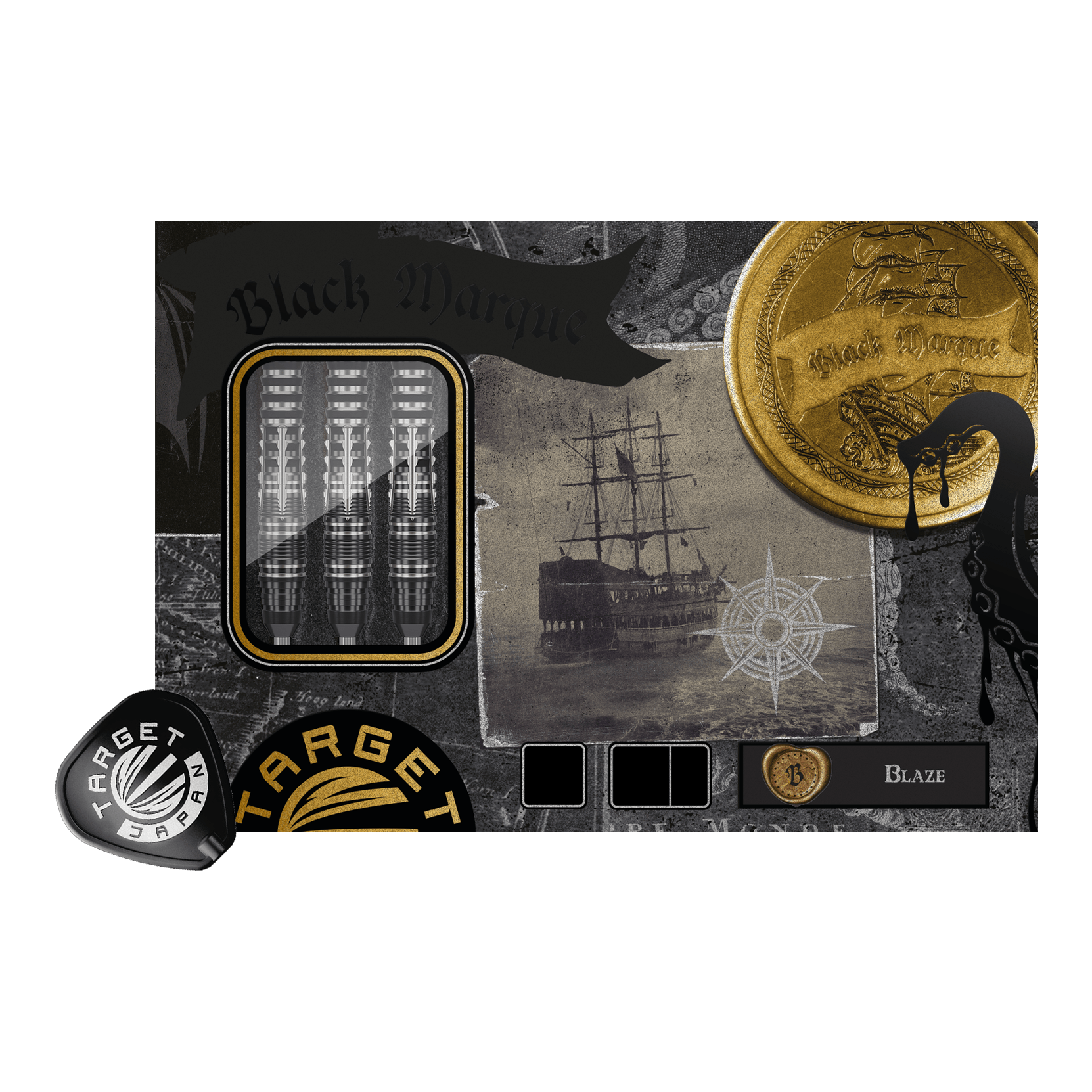 Dardos de acero Target Japan Black Marque Blaze Swiss Point - 23 g Das Bild zeigt die Target Japan Black Marque Blaze Swiss Point Steeldarts - 23g. Die Darts sind für das Steeldart-Spiel konzipiert und haben ein elegantes, schwarzes Design.