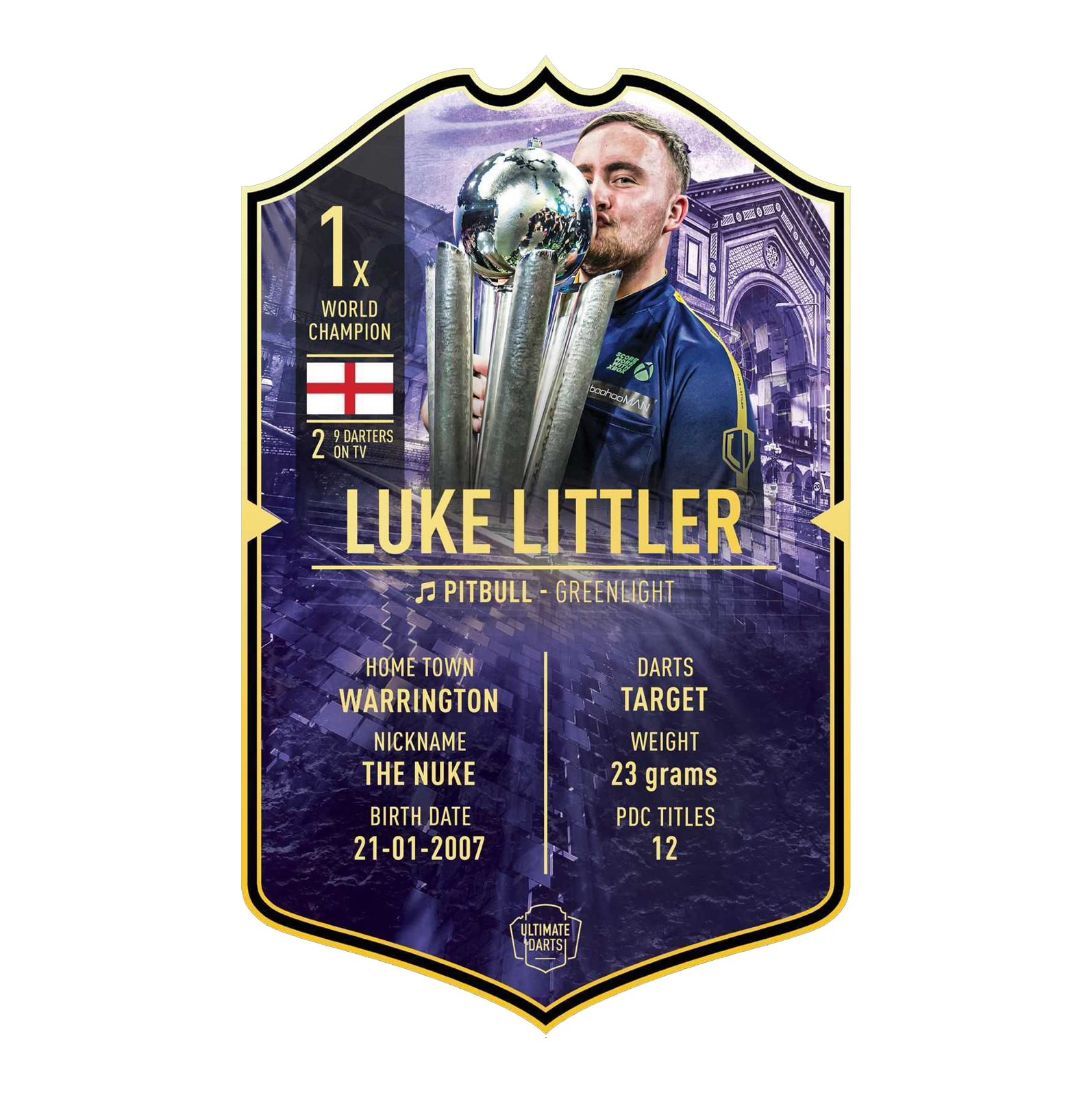 Tarjeta Ultimate Darts - Luke Littler, campeón mundial 2025 Die Abbildung zeigt die „Ultimate Darts Card - Luke Littler World Champion“. Auf der Karte ist Luke Littler mit seiner Trophäe sowie wichtige Informationen über ihn abgebildet.