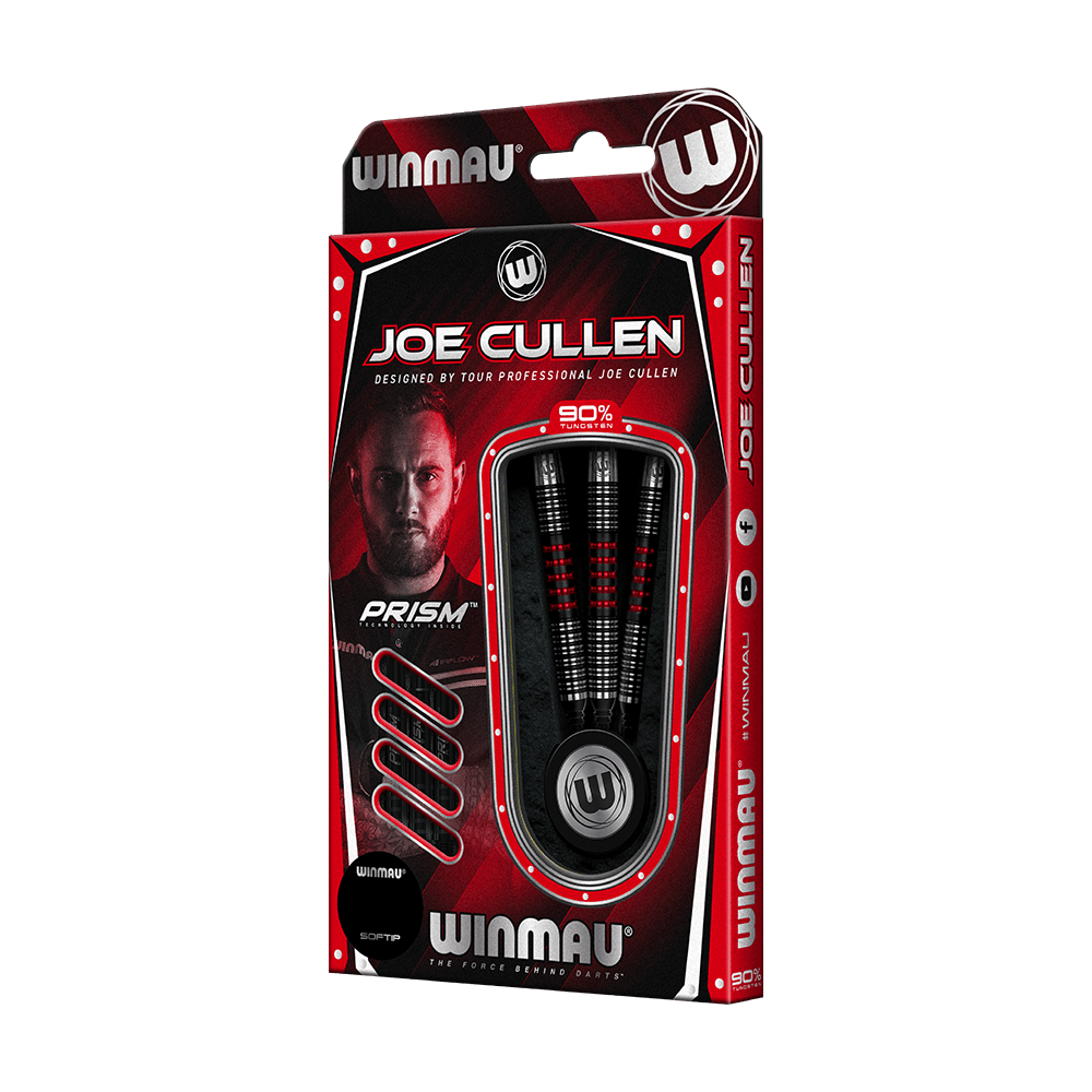 2443_Winmau_Joe_Cullen_90_Softdarts_3 Auf dem Bild ist eine Verpackung der "Winmau Joe Cullen Softdarts" zu sehen. Die Darts sind in einer rot-schwarzen Schachtel mit dem Bild eines Spielers und dem Namen "Joe Cullen" abgebildet.