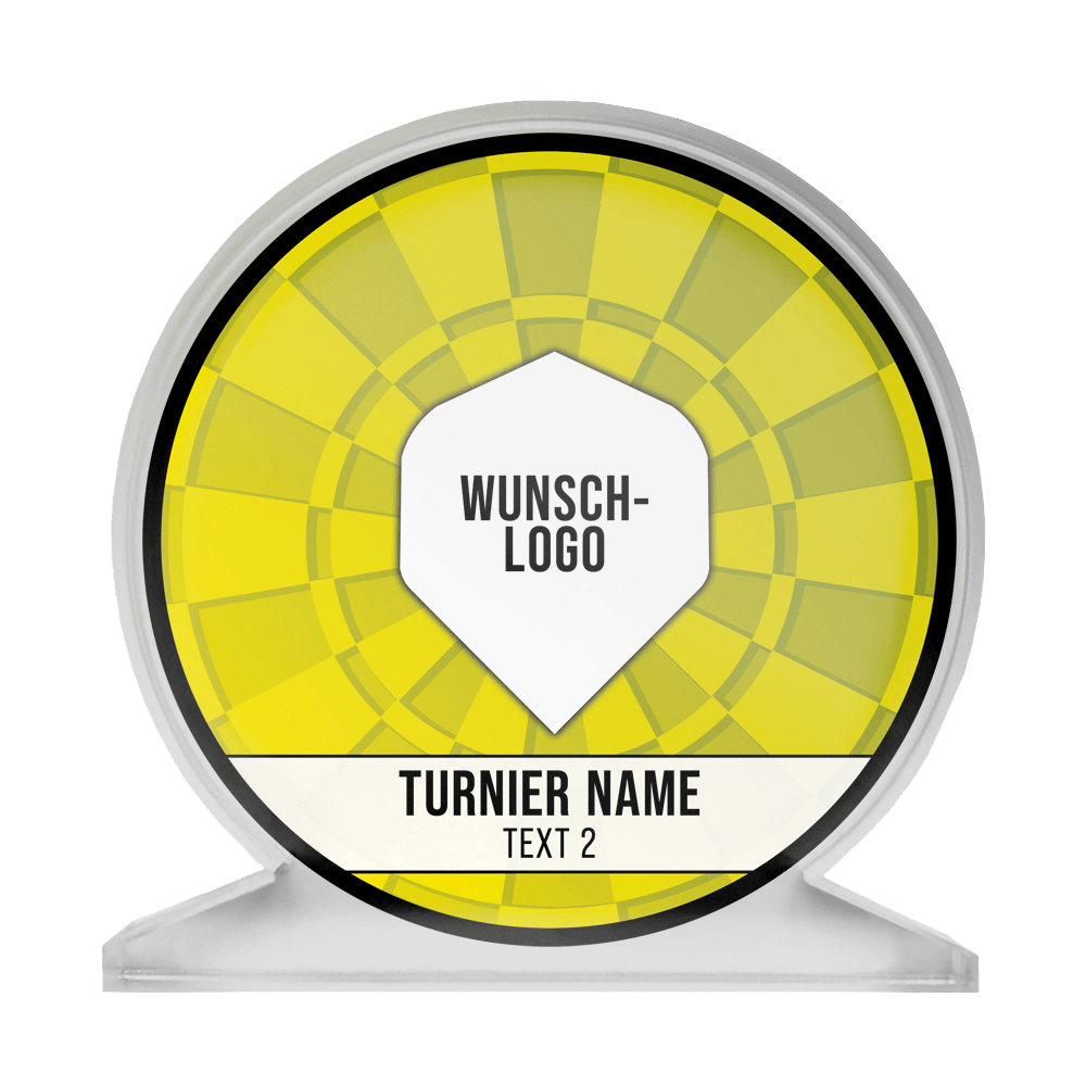 ACP-Gelb_Acrylglas_Pokal_mit_Wunschdruck_Logo_Gelb_1 Auf dem Bild ist ein runder Pokal aus Acrylglas mit gelbem Muster zu sehen. In der Mitte steht "Wunsch-Logo" und darunter "Turnier Name" sowie "Text 2".