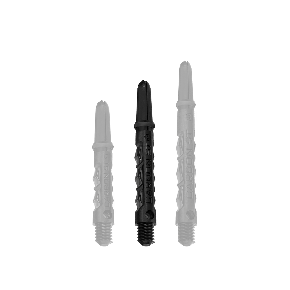 HR435_Harrows_Carbon_ST_Shafts_Schwarz_40mm_1V1fjkppyyNJnt Das Bild zeigt drei schwarze Harrows Carbon ST Shafts in verschiedenen Längen. Die Dartschäfte bestehen aus robustem Material und haben ein modernes Design.