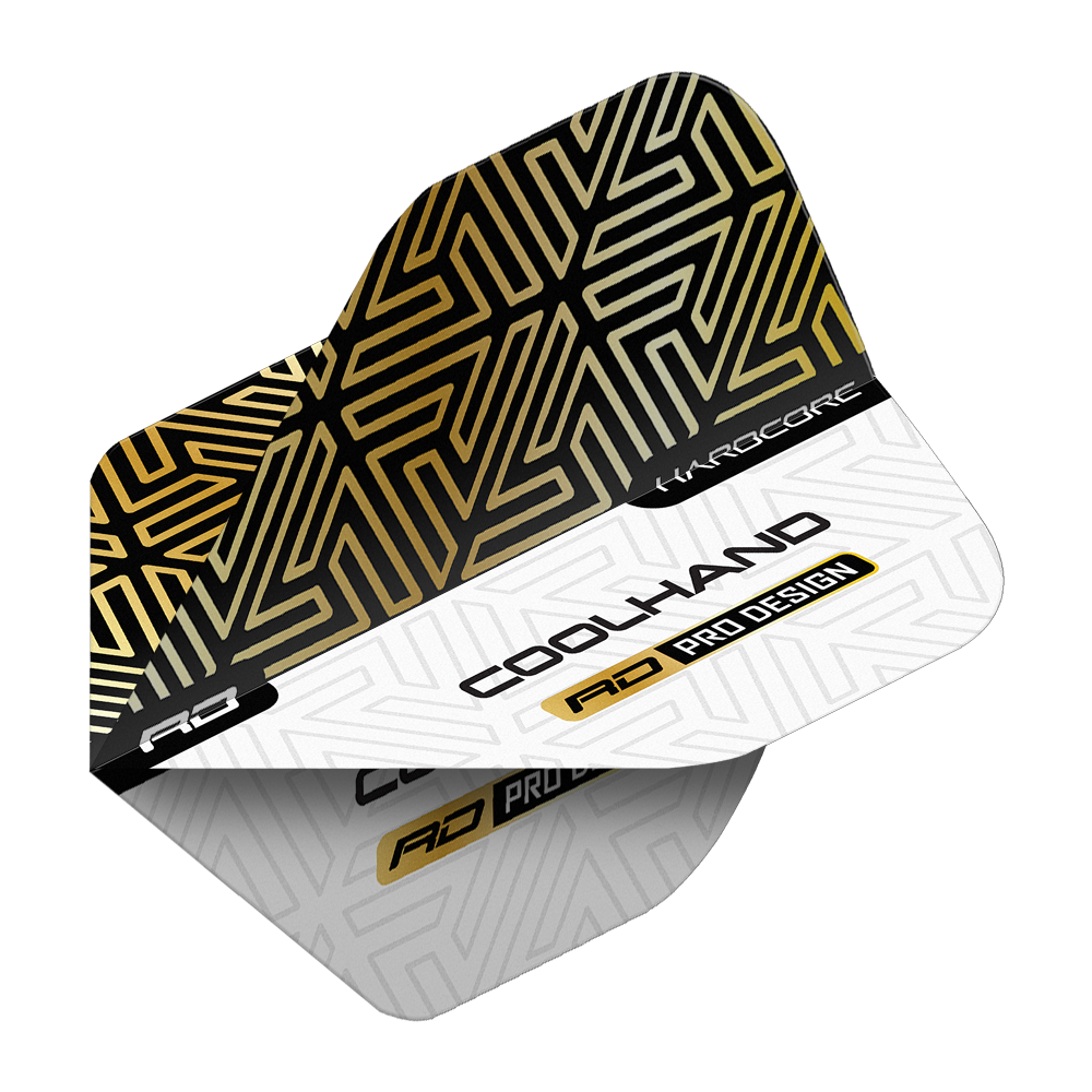 Vuelos estándar premium Red Dragon Hardcore Luke Humphries Gold White Das Bild zeigt ein Dartflight mit einem gold-schwarzen und weißen geometrischen Muster. Auf dem Flight stehen die Wörter "COOLHAND", "RD PRO DESIGN" und "HARDCORE".
