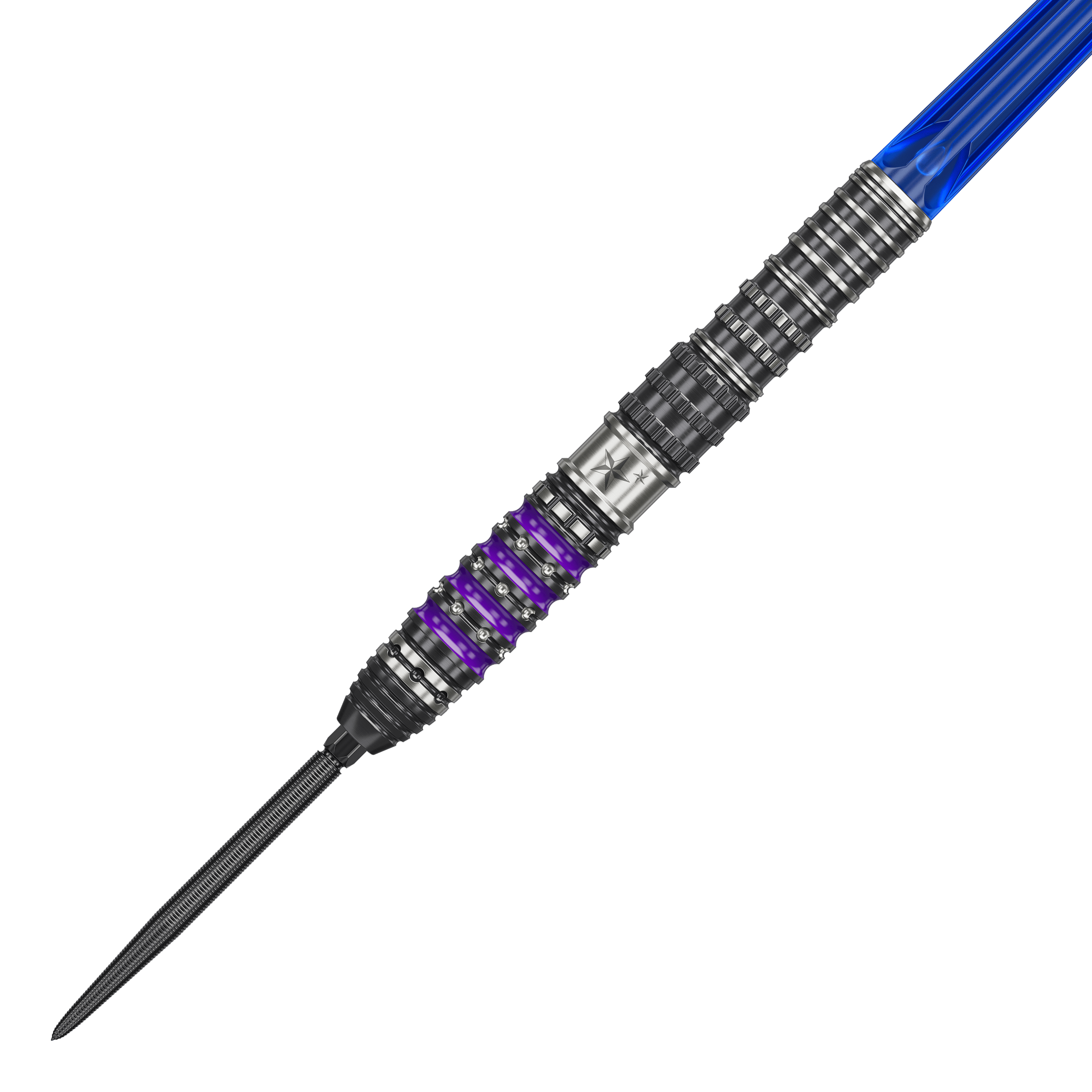 Dardos de acero Target Japan Prime Series Sirius GEN4 Swiss Point Das Bild zeigt einen Target Japan Prime Series Sirius GEN4 Swiss Point Steeldart. Der Dart hat einen silbernen und schwarzen Schaft mit lila Akzenten und einer blauen Flight.