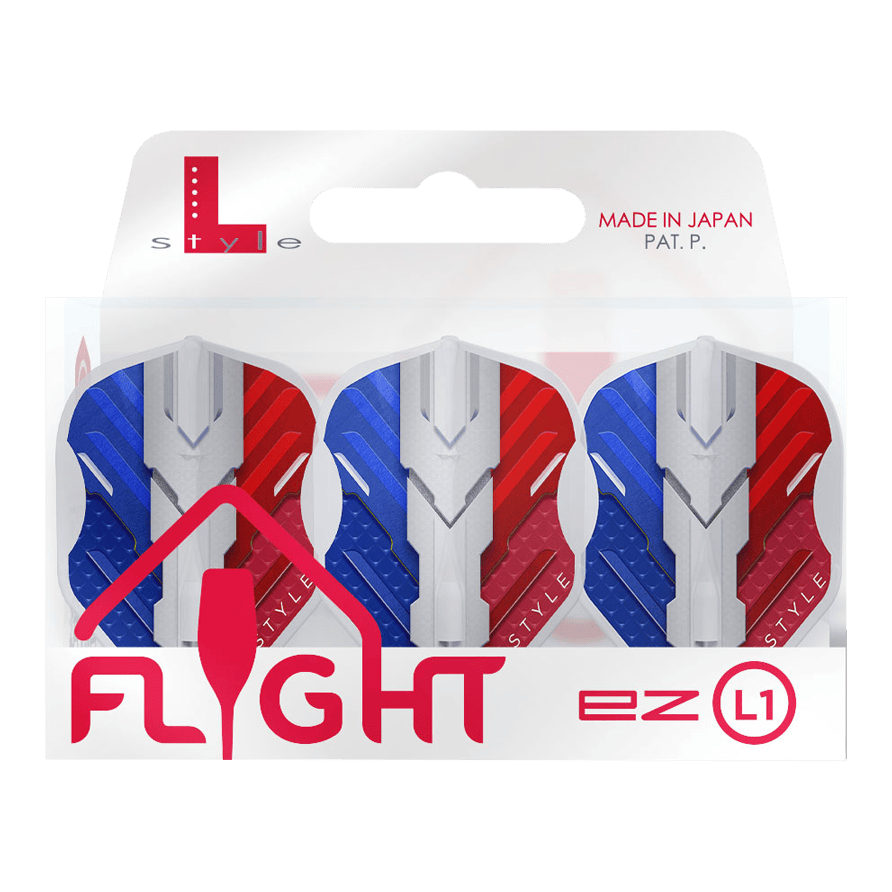 Das Bild zeigt eine Packung L-Style V-Series V1 Type B France Clear White L1EZ Flights. Die Flights sind in den Farben Blau, Weiß und Rot gestaltet und werden in Japan hergestellt.