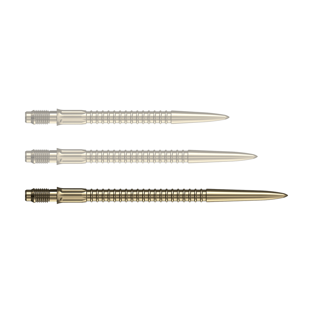 Puntas de dardo Mission R2.5 Rapid Point GV1 - Oro Zu sehen ist eine einzelne goldene Dartspitze der Serie Mission R25 Rapid Point mit 40mm Länge. Die Spitze ist für den Einsatz beim Dartspiel geeignet.
