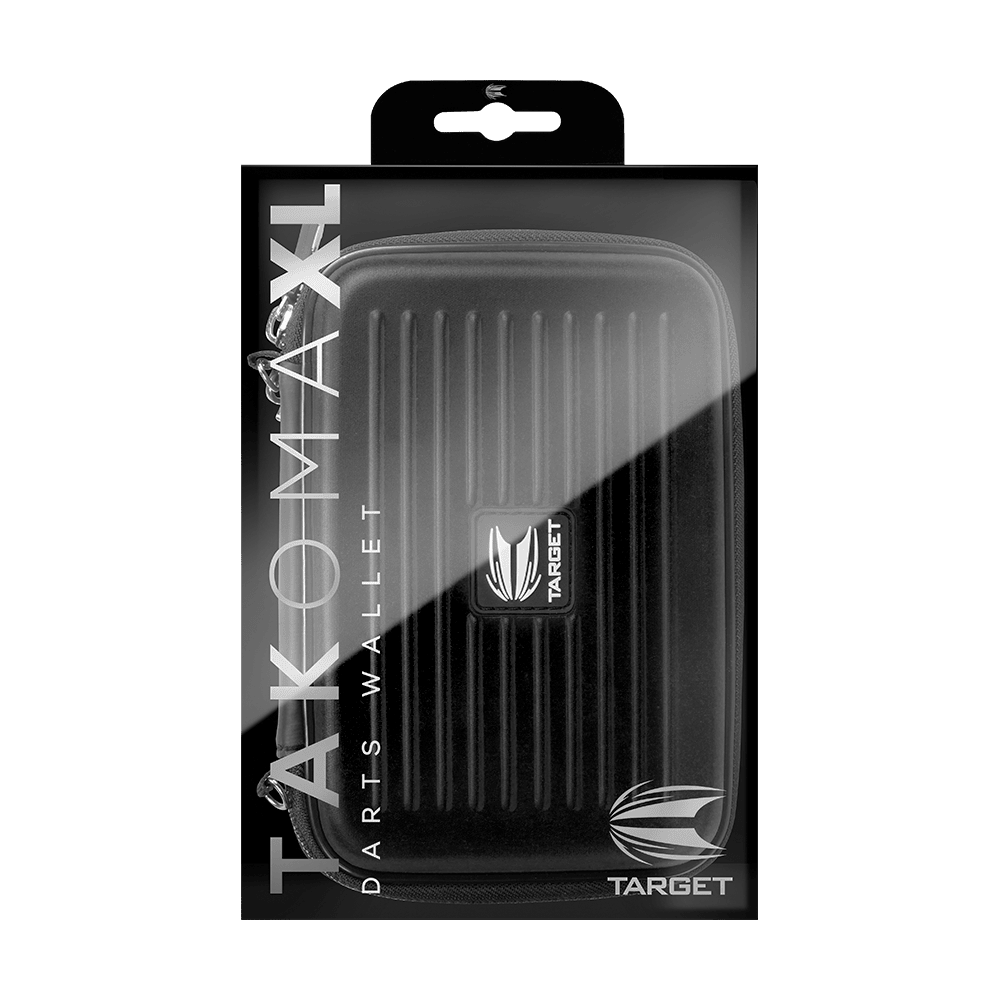 125828_Target_Takoma_XL_Dartwallet_Schwarz_3 Das Bild zeigt das Produkt "Target Takoma XL Dartwallet" in seiner Verpackung. Die Darttasche ist schwarz und hat ein modernes, geriffeltes Design mit dem Target-Logo auf der Vorderseite.