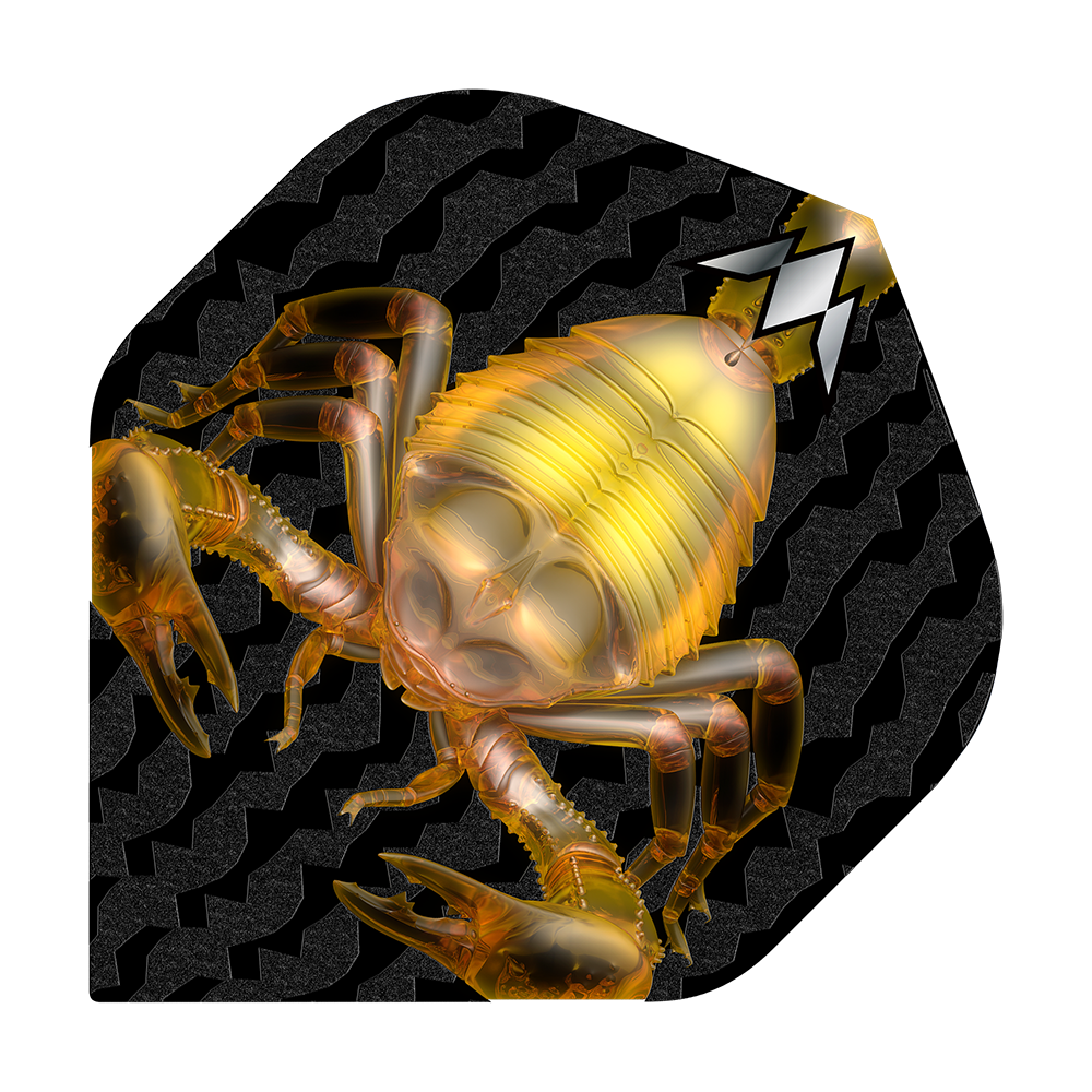Vuelos estándar de Mission Solo Scorpion No2 Das Bild zeigt das Produkt "Mission Solo Scorpion No2 Standard Flights" mit einer goldenen Skorpion-Grafik. Der Hintergrund ist schwarz mit einem wellenförmigen Muster.
