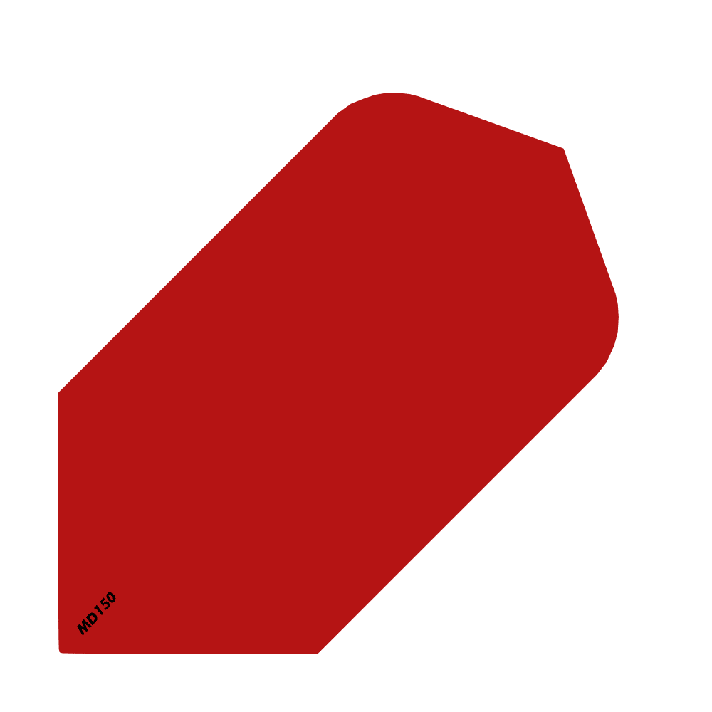 MCD204_McDart_MD150_Slim_Flights_Rot_1 Das Bild zeigt ein rotes Slim Flight für Darts mit dem Namen "McDart MD150". In der unteren linken Ecke steht klein "MD150".