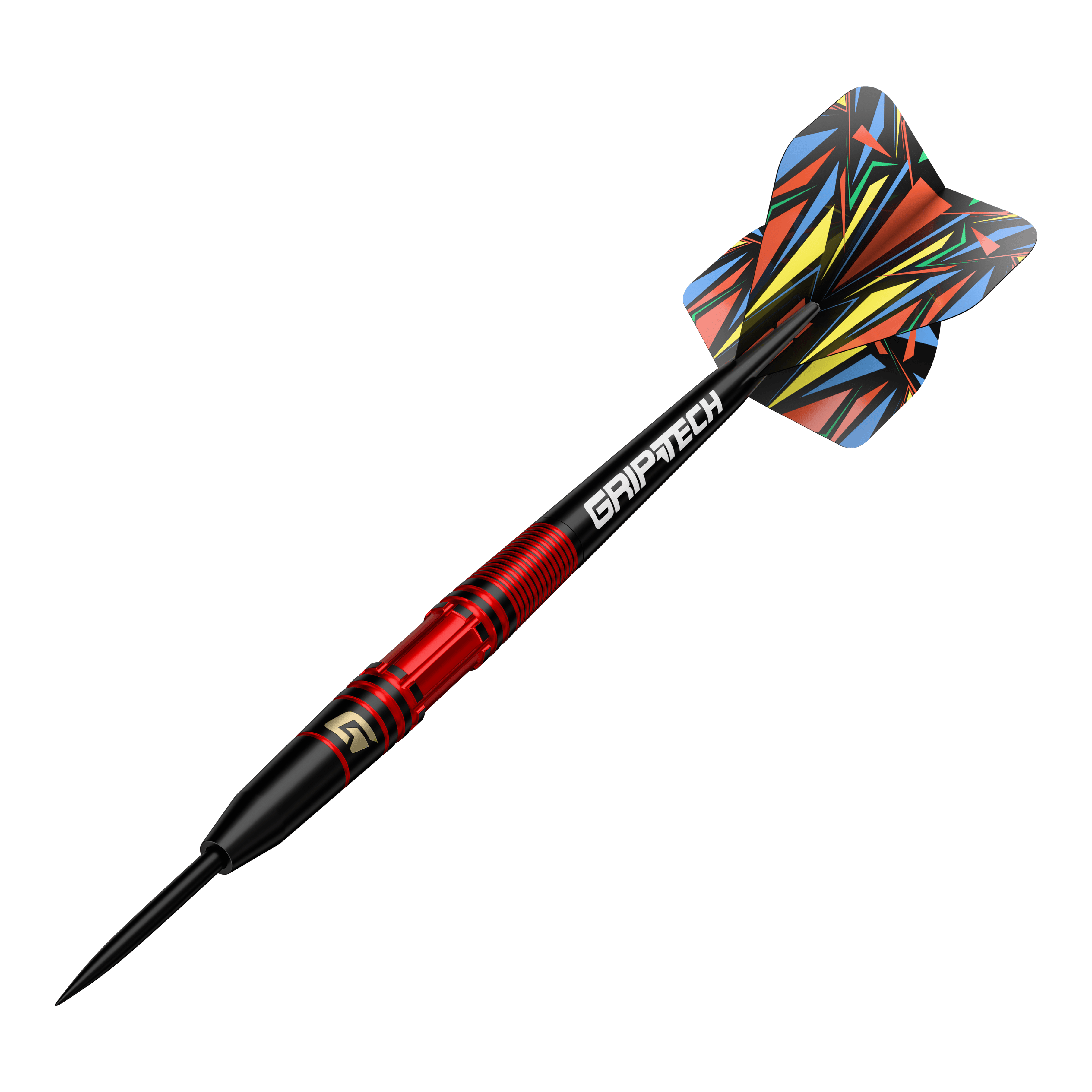 Dardos de acero GOAT Athlete de latón rojo - 11 g Dies ist der GOAT Athlete Red Brass Steeldart mit einem Gewicht von 11g. Er hat ein auffälliges, bunt gemustertes Flight-Design und einen roten Griffbereich.