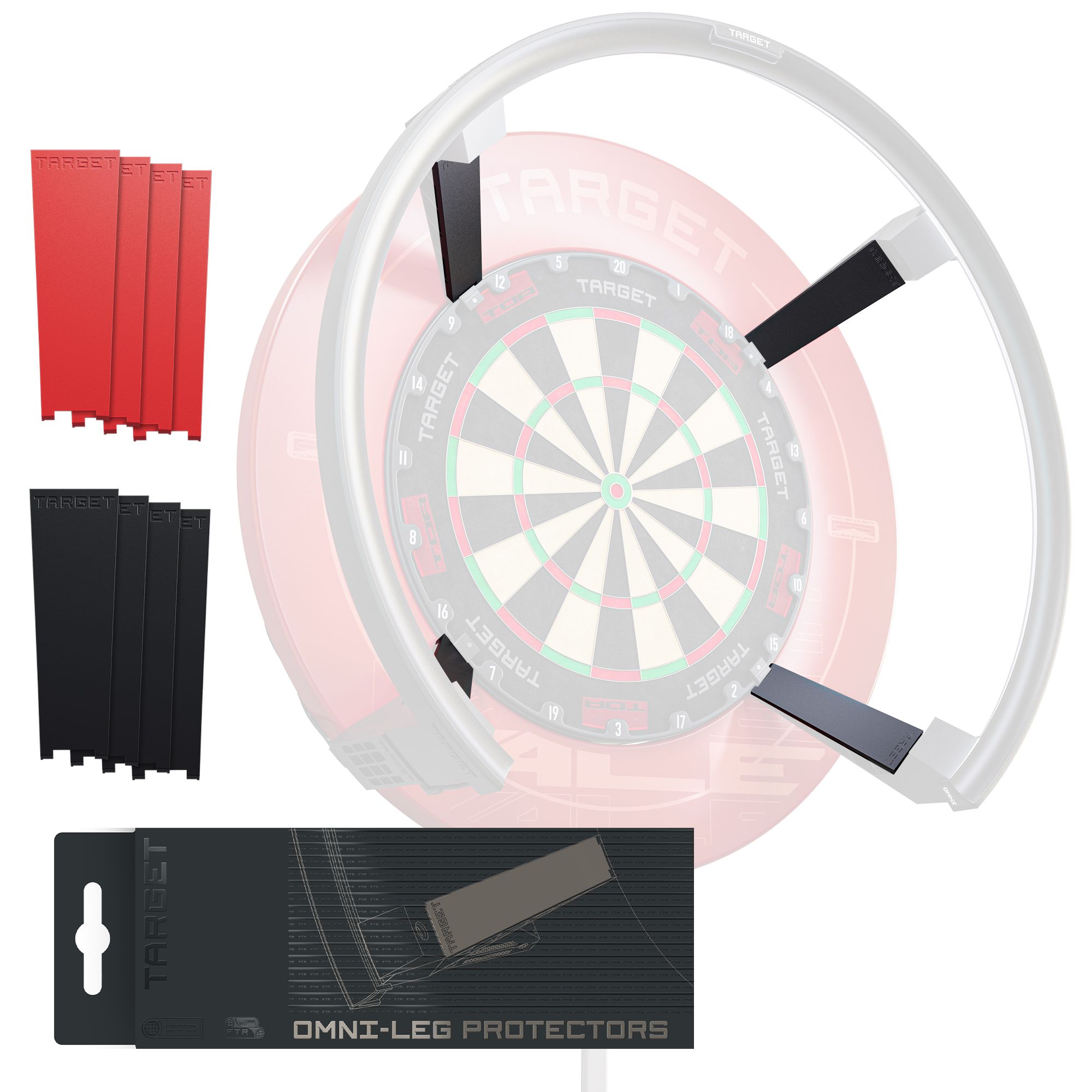 Target OMNI Leg Protectors sind auf diesem Bild zu sehen. Sie bieten Schutz für die Beine beim Dartspielen.