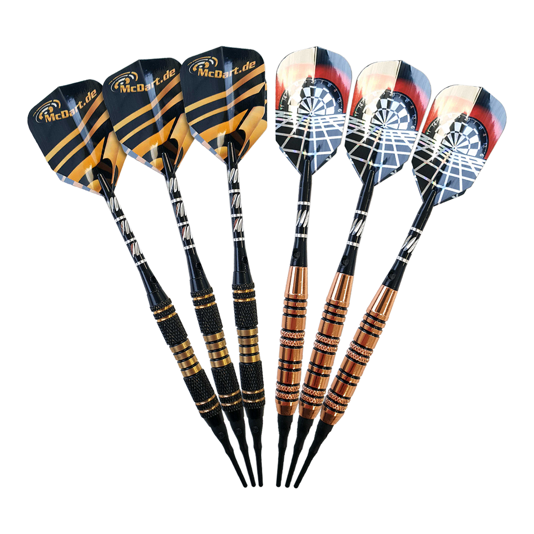 McDart Tasche mit 6 Softdarts und Zubehör Auf dem Bild sind sechs Softdarts in zwei verschiedenen Designs zu sehen. Die Darts gehören zum Produkt "McDart Tasche mit 6 Softdarts und Zubehör".