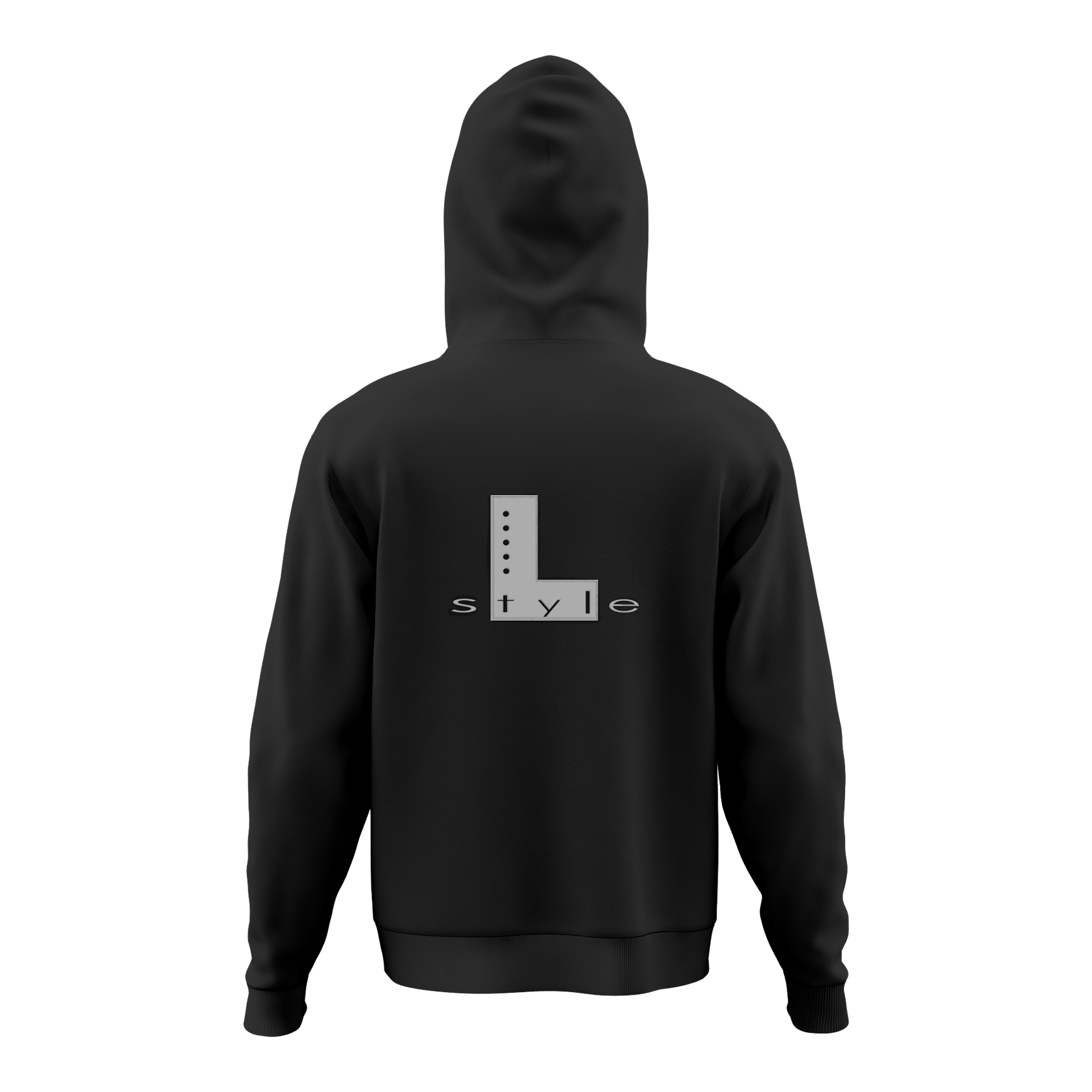 Sudadera con capucha estilo L, color negro Der Hoodie ist schwarz und hat auf dem Rücken ein großes "L style"-Logo in Grau. Das Design ist schlicht und modern gehalten.