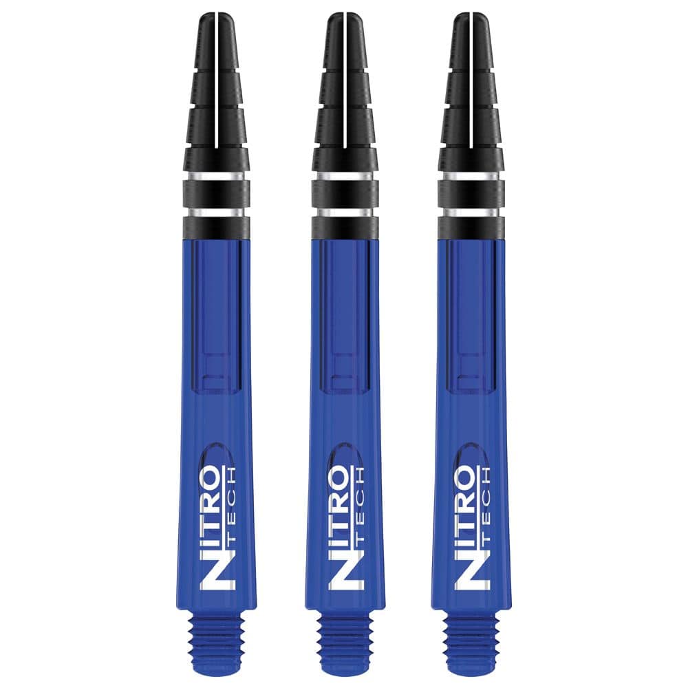 C450_Nitrotech_Medium_Blue_V Das Bild zeigt drei blaue RedDragon Nitrotech Shafts. Die Shafts haben schwarze und silberne Akzente und sind für Darts gedacht.