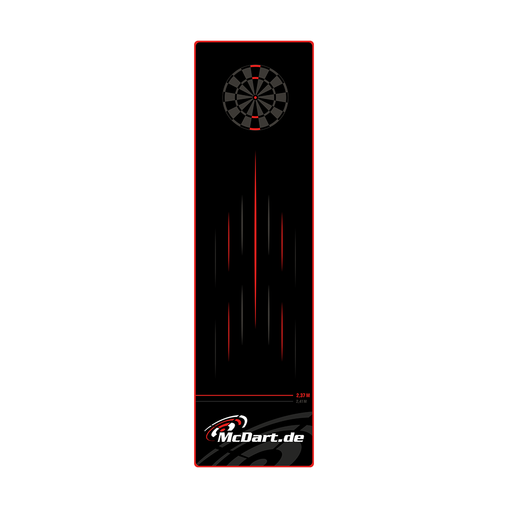 McDart Tops Dartteppich Das Bild zeigt den McDart Tops Dartteppich mit einem schwarzen Design und roten Akzenten. Oben ist eine Dartscheibe abgebildet und unten befindet sich das McDart.de-Logo.