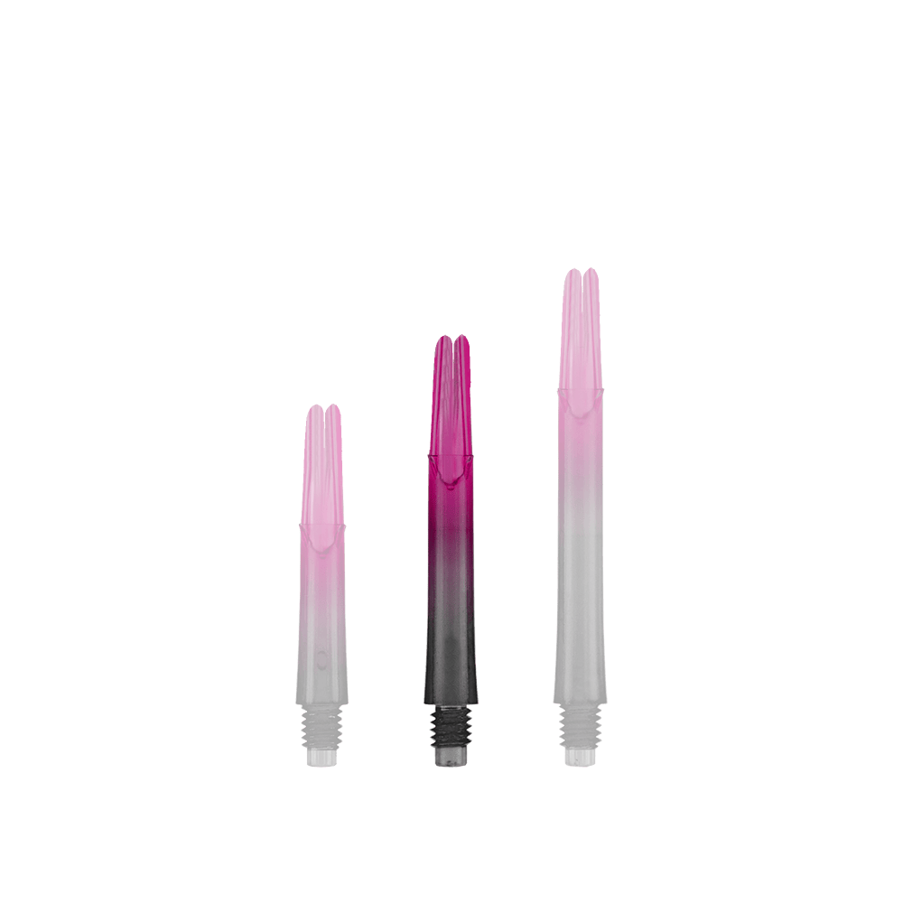 Cañas L-L-Style-Shaft Locked Straight Natural9 TwoTone - Rosa Auf dem Bild sind drei unterschiedlich lange, zweifarbige Dartschäfte zu sehen. Sie sind unten schwarz und gehen nach oben in ein kräftiges Pink über.