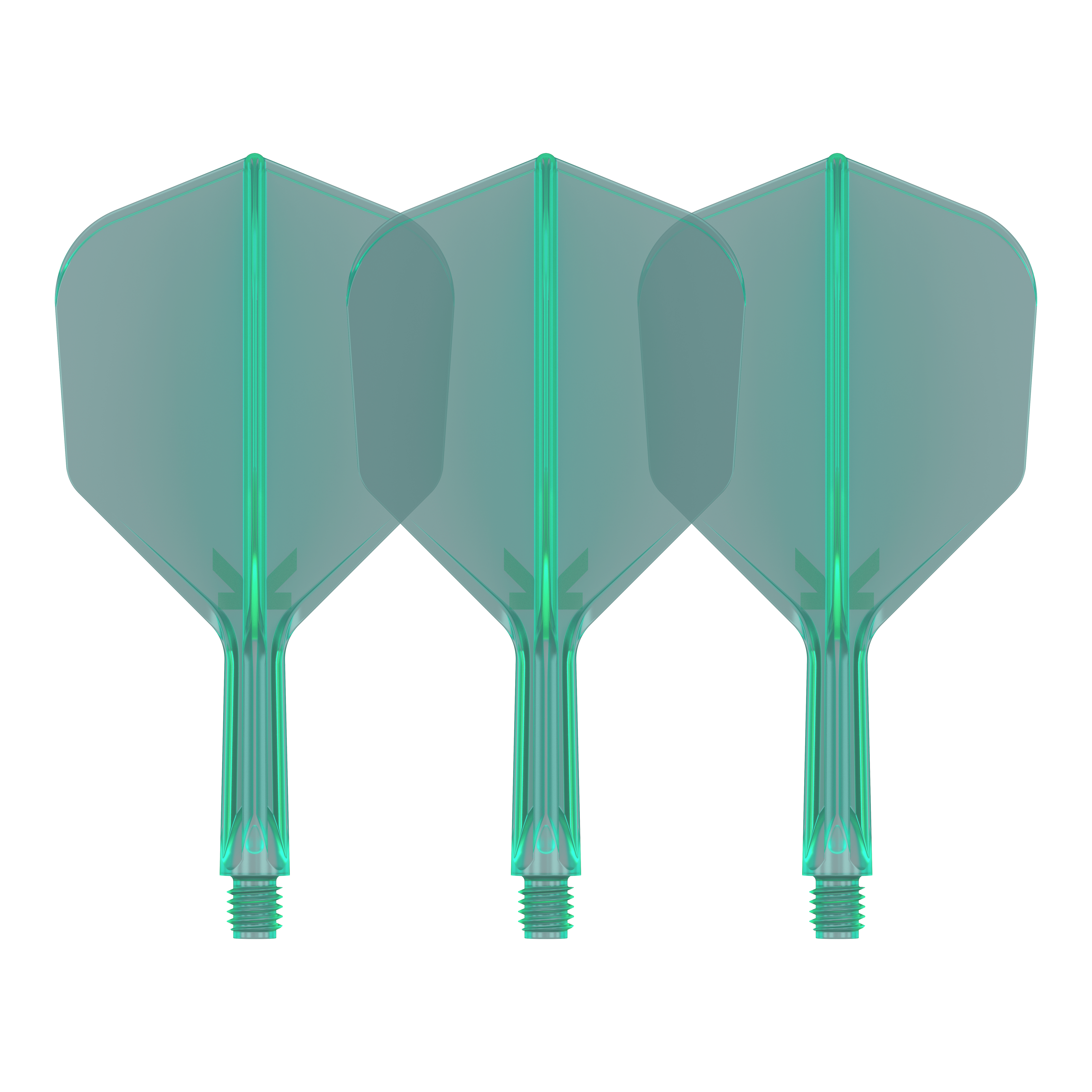 Sistema de vuelo Target K-Flex No6 - Verde Auf dem Bild sind drei grüne Dartflights mit integriertem Schaft zu sehen. Sie stehen nebeneinander und haben eine transparente Optik.