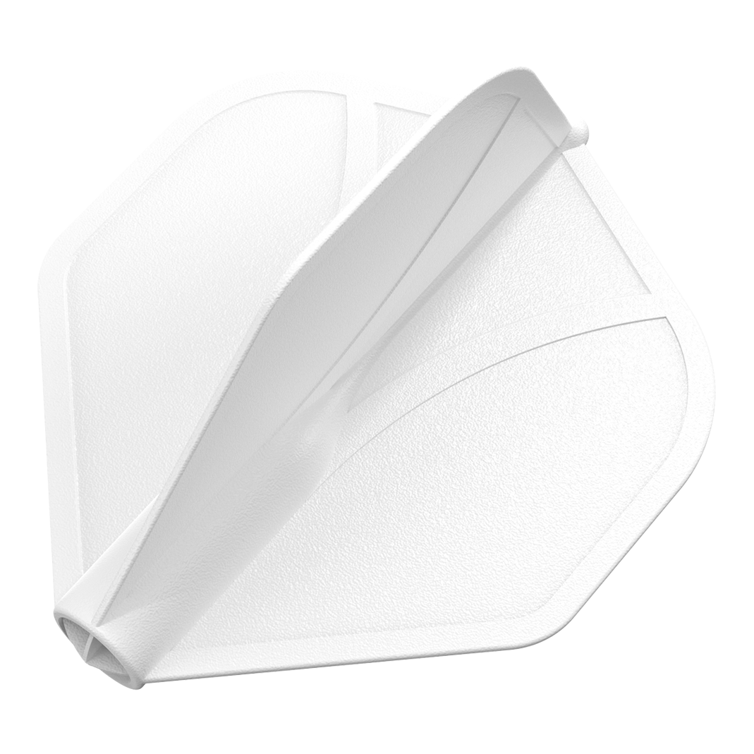 Perfil aerodinámico moldeado No2 Vuelos estándar Das Bild zeigt eine weiße Dart-Flugfeder in Standardform. Die Oberfläche wirkt strukturiert und leicht glänzend.