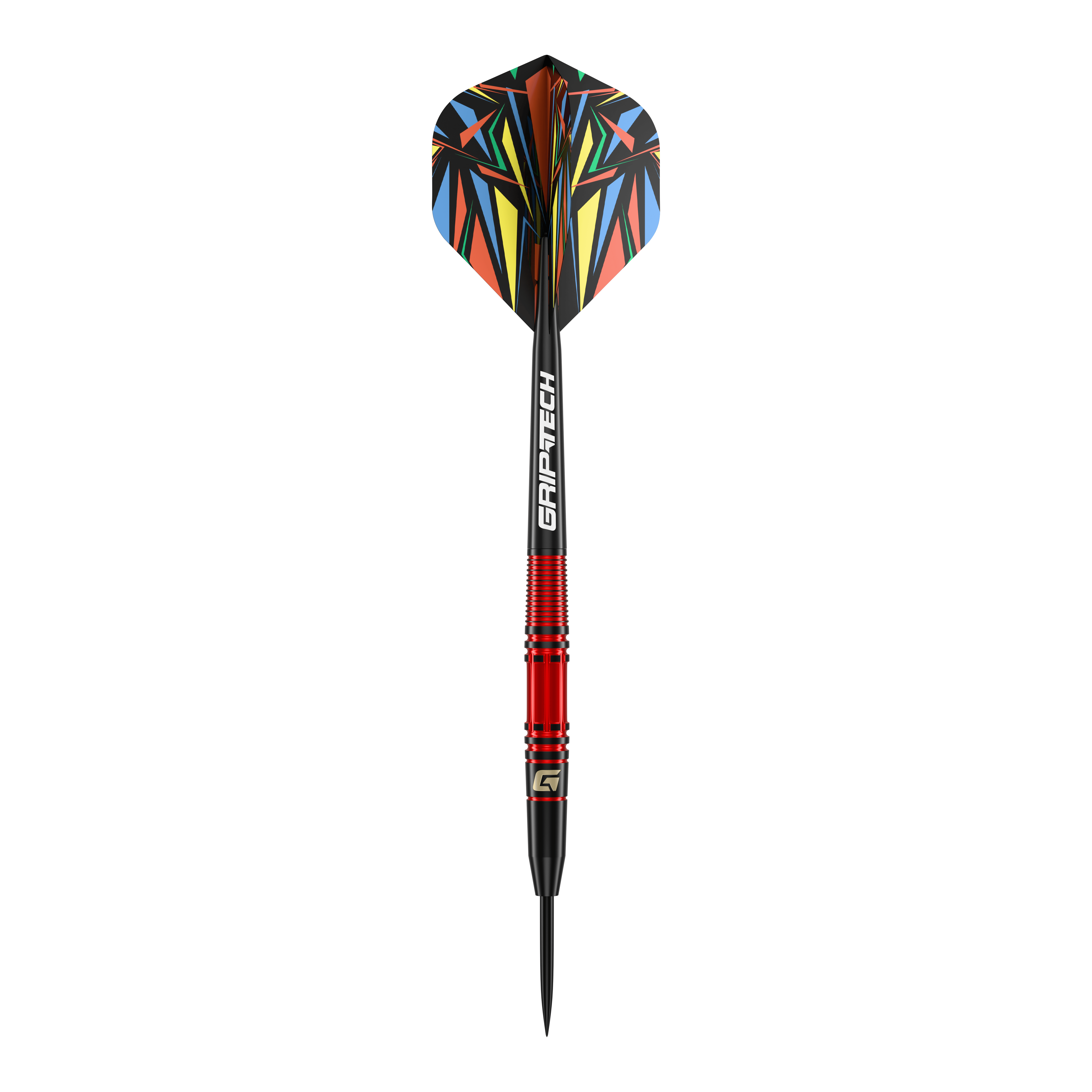 Dardos de acero GOAT Athlete de latón rojo - 11 g Das Bild zeigt einen GOAT Athlete Red Brass Steeldart mit einem Gewicht von 11g. Er hat einen roten Schaft und bunte Flights mit geometrischen Mustern.