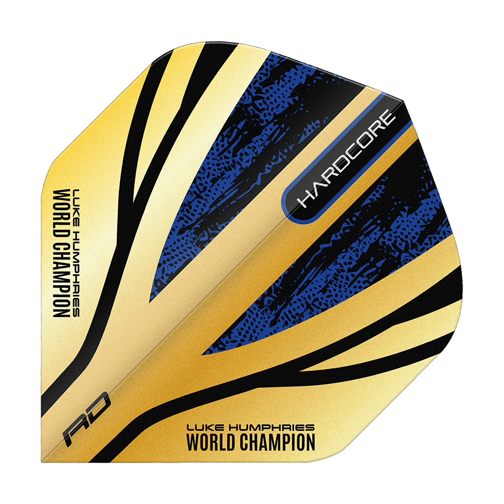 Vuelos Red Dragon Hardcore Premium Luke Humphries Gold Standard Das Bild zeigt das Produkt "Red Dragon Hardcore Premium Luke Humphries Gold Standard Flights". Die Darts-Flights sind gold, blau und schwarz und tragen die Aufschrift "WORLD CHAMPION" und "HARDCORE".