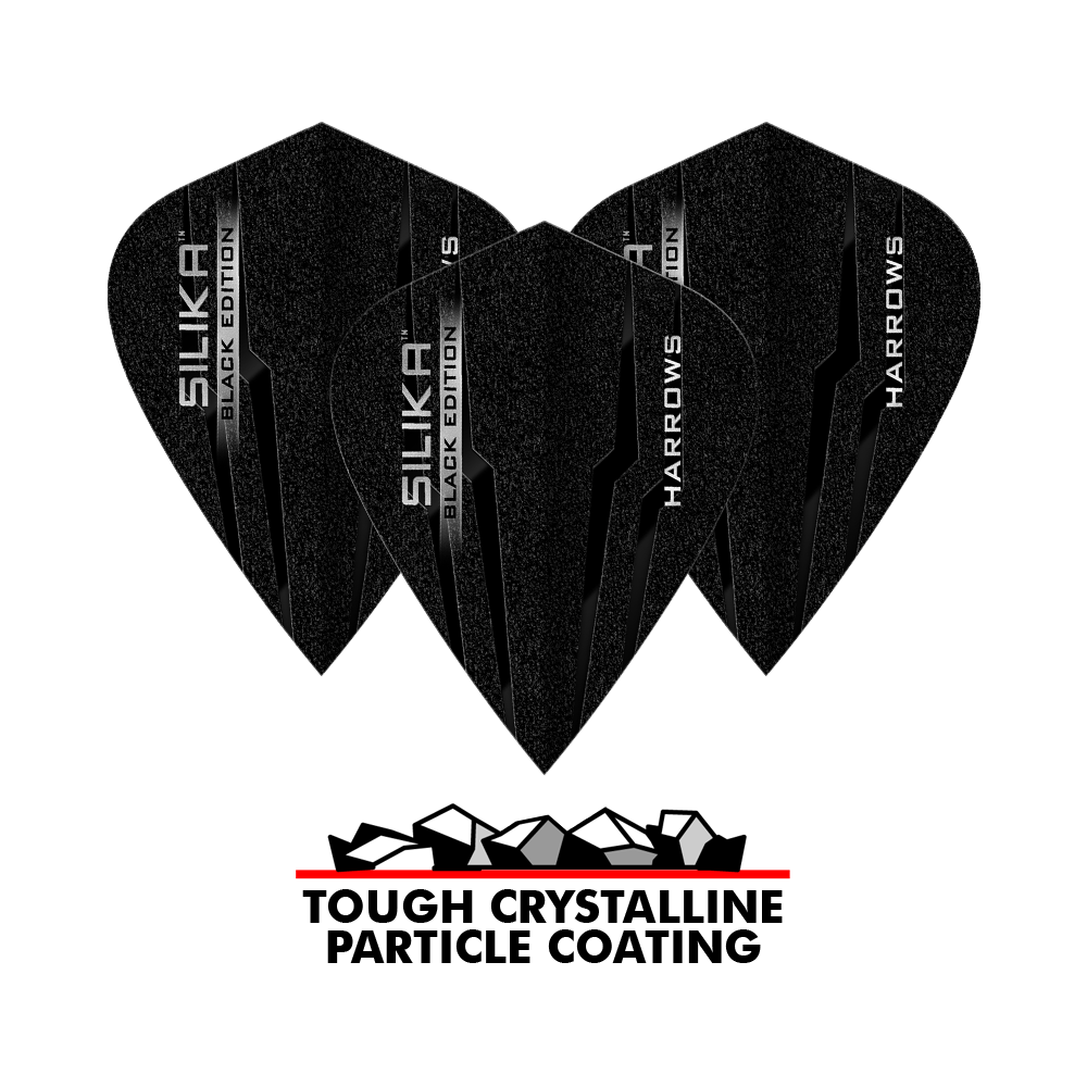 Vuelos de cometa Harrows Silika Black Edition Das Bild zeigt drei schwarze Harrows Silika Black-Edition Kite Flights mit glänzender Beschriftung. Darunter steht „Tough Crystalline Particle Coating“ mit einer Grafik von Kristallen.