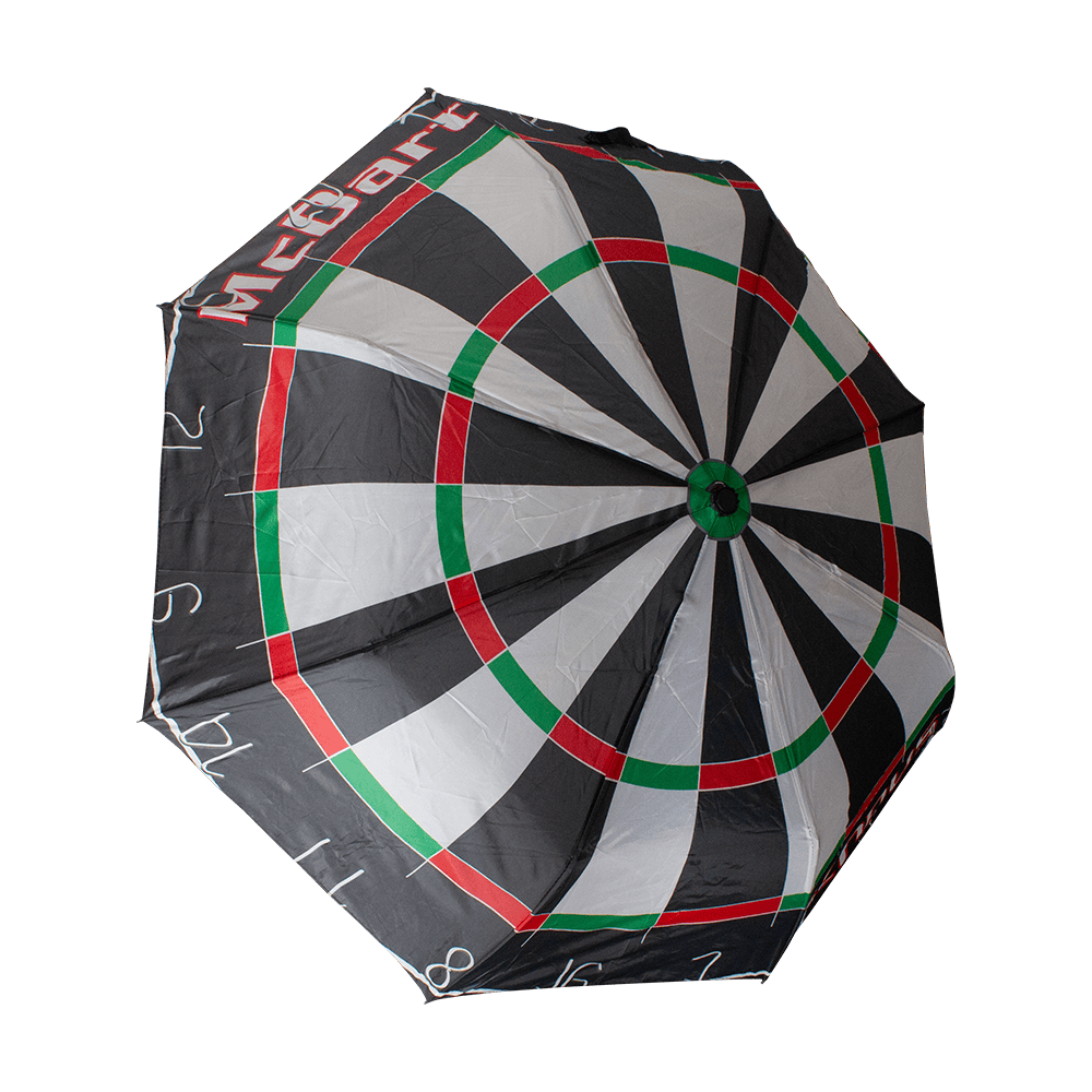 SCHIRM-McDart-Dartboard-Regenschirm-2dQBxf4ST22BdQ Auf dem Bild ist ein Regenschirm zu sehen, dessen Design wie eine Dartscheibe aussieht. Auf dem Schirm steht der Schriftzug „McDart“.