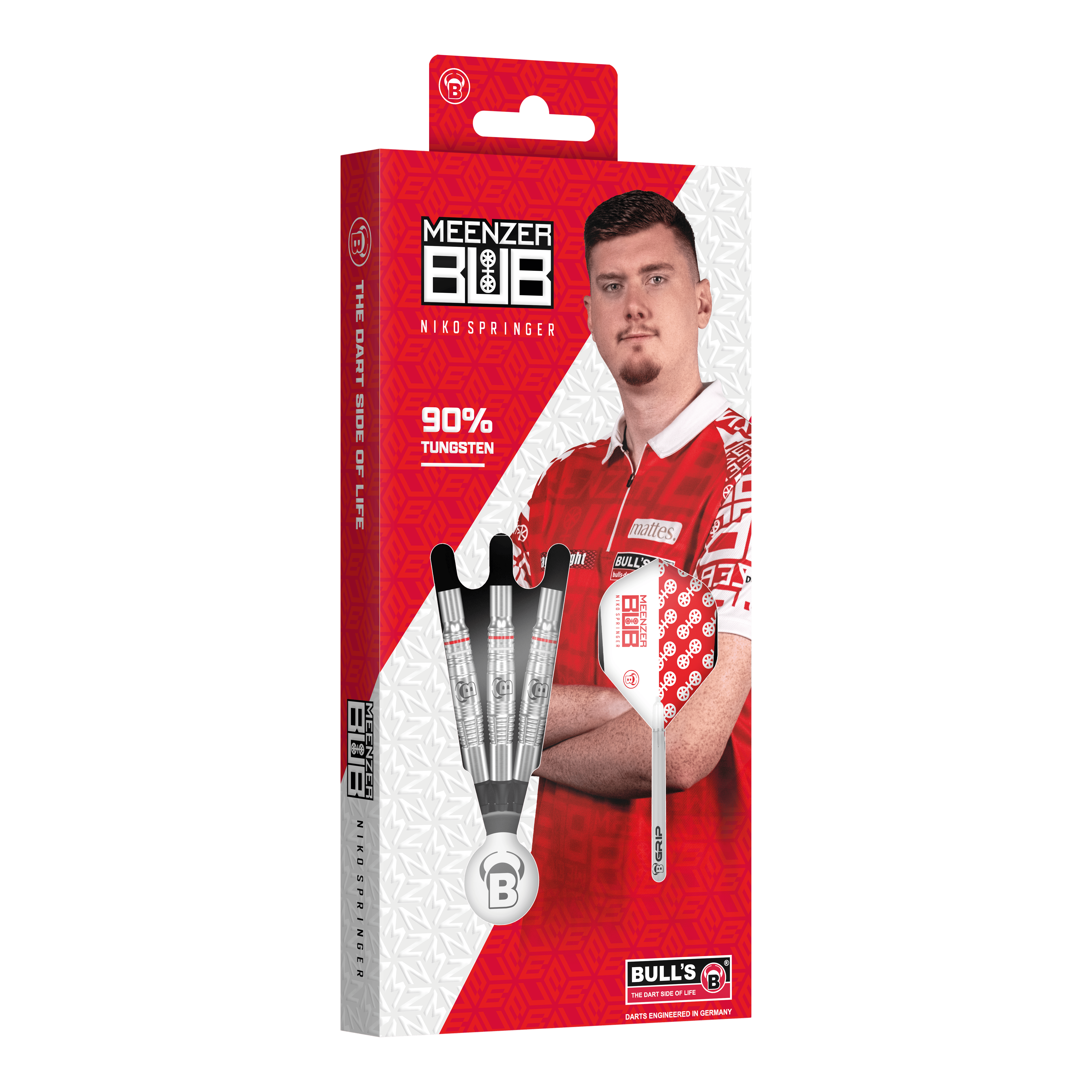 Dardos blandos Bulls Niko Springer - 22 g Auf dem Bild ist die Verpackung der "Bulls Niko Springer Softdarts - 22g" zu sehen. Die Packung zeigt drei Dartpfeile und ein Portrait von Niko Springer.