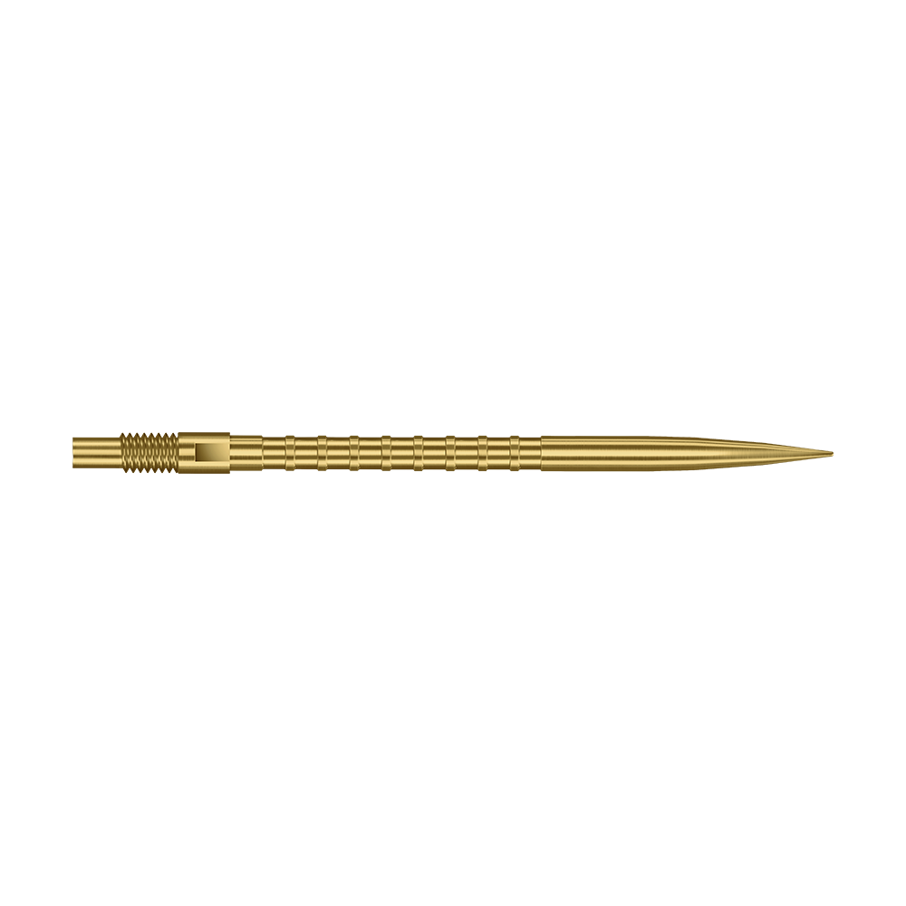 Puntas de dardos Harrows Quick Point Heavy Metal - Doradas Das Foto zeigt eine 40 mm lange Harrows Quick Point Heavy Metal Grip Dartspitze in Gold. Die Spitze hebt den strukturierten Griff hervor.