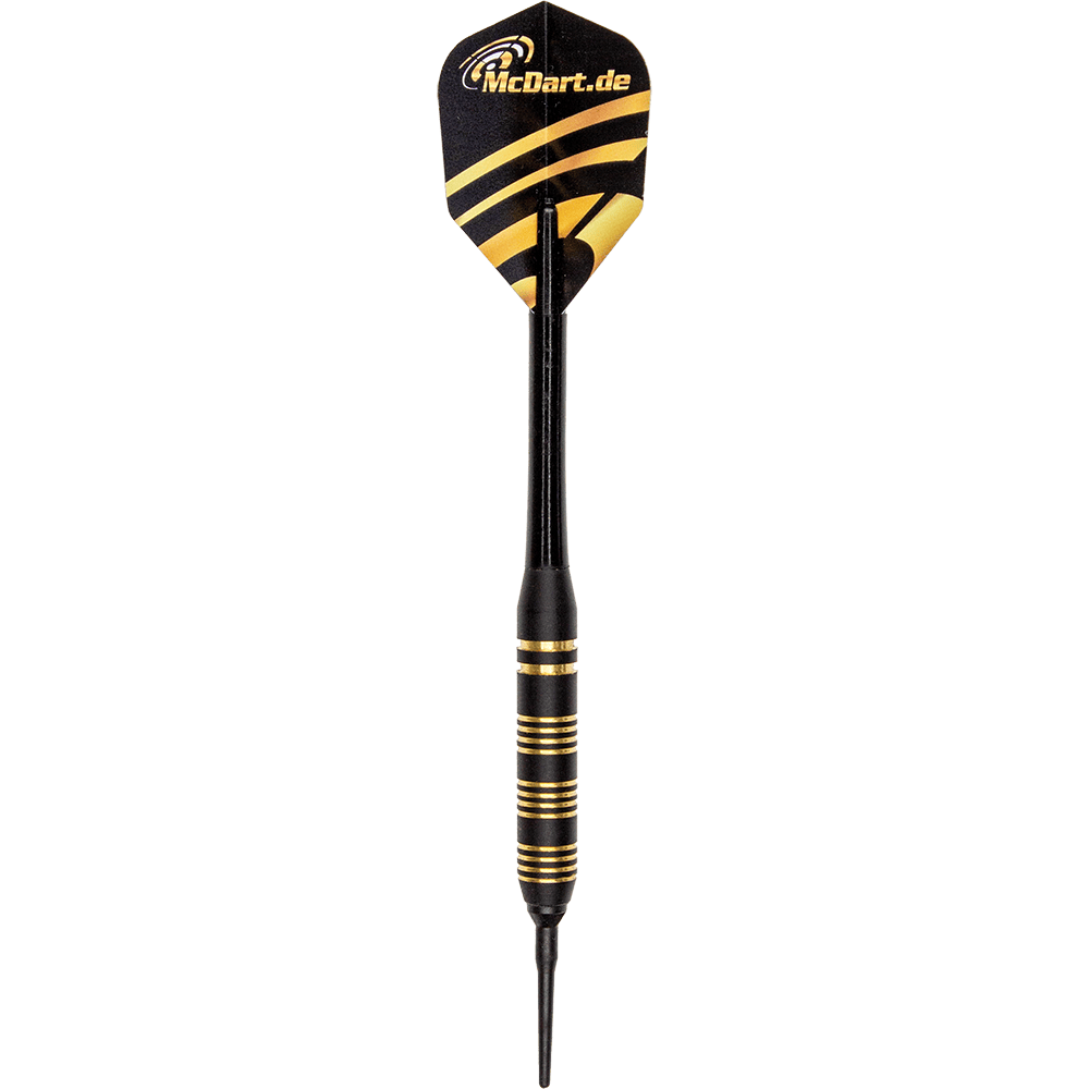 SO20-5_Royal_Softdarts_10OoFS3wTGdwFr Das Bild zeigt einen Royal Softdart mit einem Gewicht von 17g. Der Dart ist schwarz mit goldenen Akzenten und hat eine Spitze aus Kunststoff.