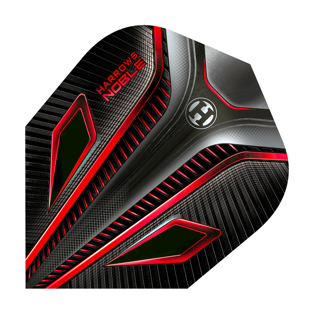 HR6_Harrows_Noble_Red_Standard_Flights_1BKI0BGZ6l3oYH Dies ist ein Harrows Noble Red Standard Flight für Darts. Das Design ist schwarz mit auffälligen roten und silbernen Akzenten.