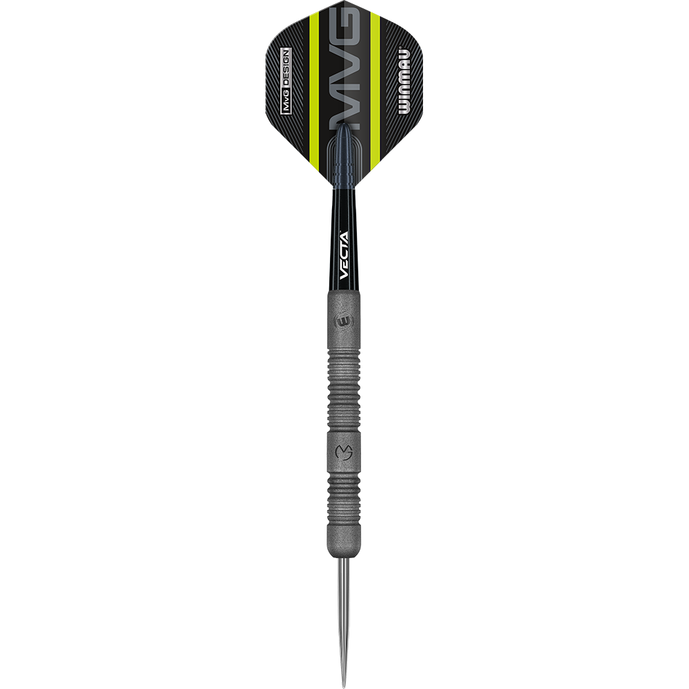1468_Winmau_Michael_Van_Gerwen_Exact_Steeldarts_12rqCCLPjfpflh Das Bild zeigt einen Winmau Michael Van Gerwen Exact Steeldart. Der Dartpfeil hat ein schwarzes und grünes Design mit dem Schriftzug "MVG" auf dem Flight.