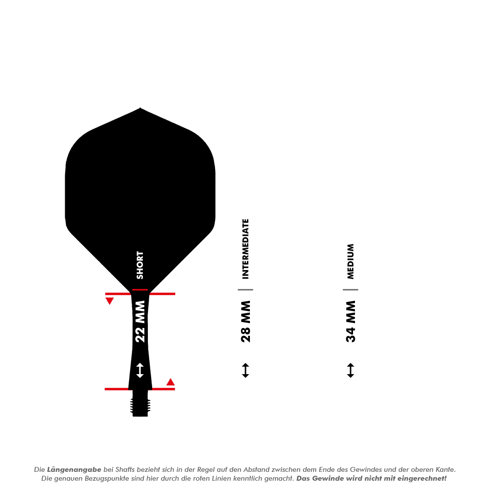 Sistema de eje de vuelo Winmau Fusion n.° 6 amarillo neón Das Bild zeigt die Längenangaben für verschiedene Dartshafts, wobei der kurze Shaft mit 22 mm gekennzeichnet ist. Außerdem sind die Längen für "Intermediate" mit 28 mm und "Medium" mit 34 mm dargestellt.