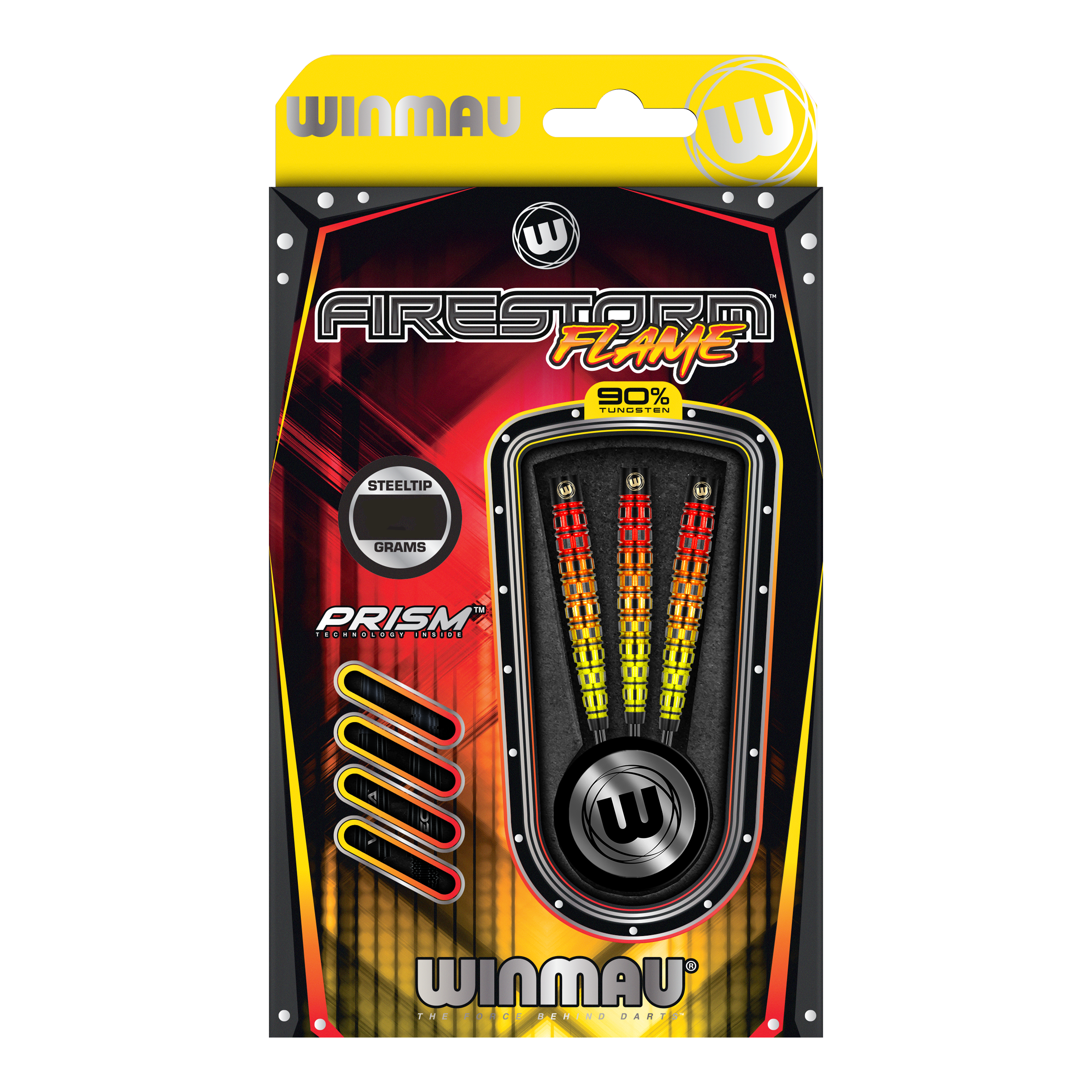 Dardos de acero cónicos Winmau Firestorm Flame Das Bild zeigt die Verpackung der "Winmau Firestorm Flame Tapered Steeldarts". In der Verpackung sind drei bunte Stahlspitzendarts mit einem auffälligen Flammen-Design zu sehen.