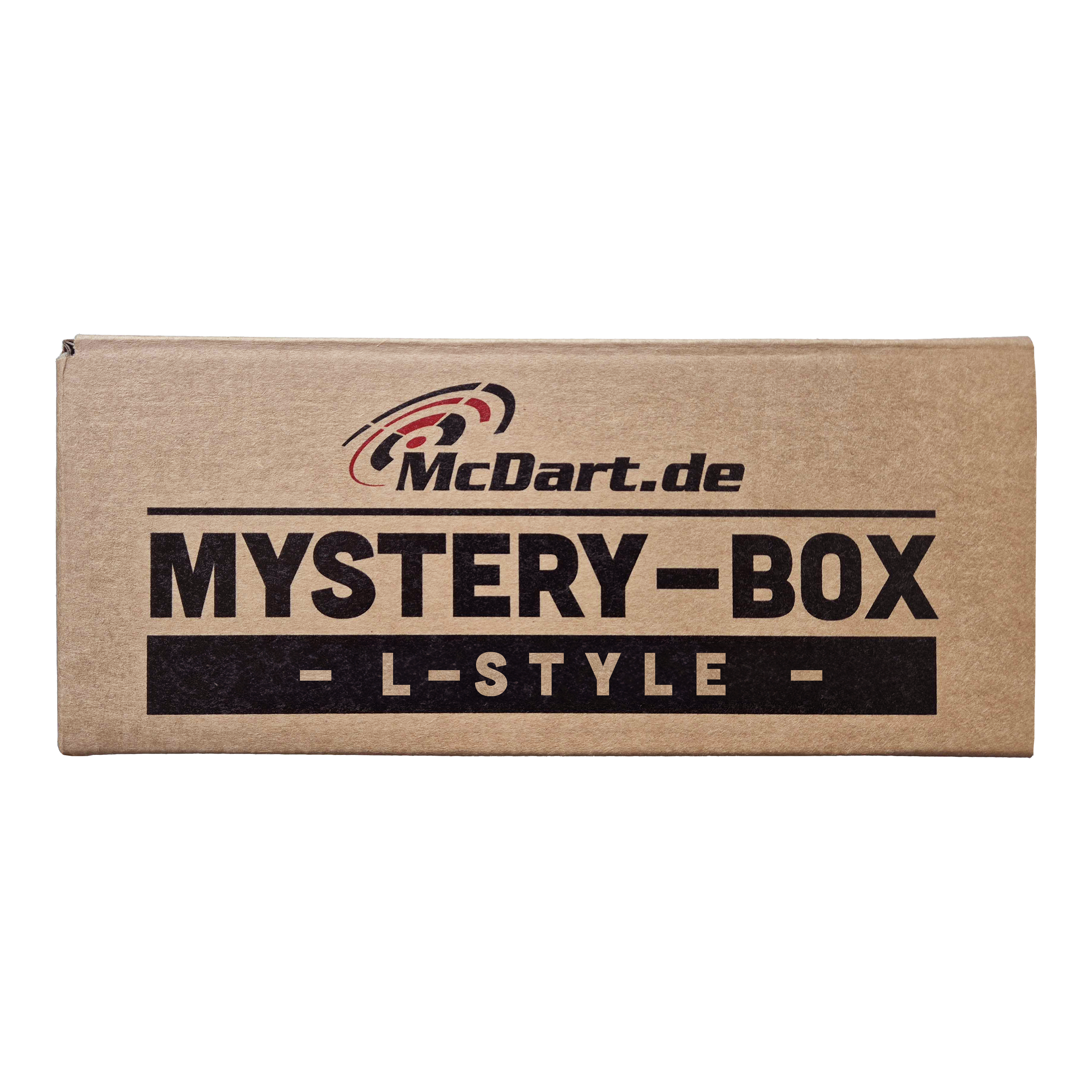 Caja misteriosa de McDart - Estilo L Auf dem Bild ist eine braune Box mit der Aufschrift "McDart.de Mystery-Box - L-Style -" zu sehen. Die Box sieht verschlossen aus und weckt Neugier auf den Inhalt.