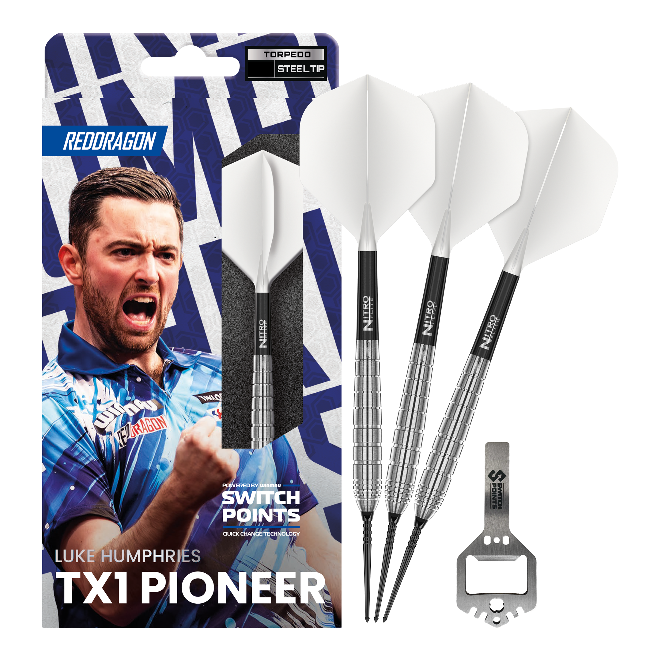 Dieses Bild zeigt die Red Dragon Luke Humphries TX1 Pioneer Switch Point Steeldarts in voller Ansicht. Die Darts sind für Präzision und hohe Leistung bekannt.
