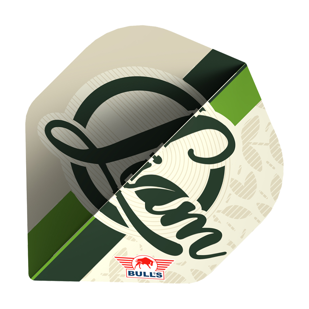 Bulls NL Jugador 100 Liam Maendl Lawrance No2 Vuelos Estándar Das Bild zeigt ein Dart Flight mit dem Schriftzug "Liam" und einem klassischen Design in Grün- und Beigetönen. Unten ist das Logo von BULL'S zu sehen.