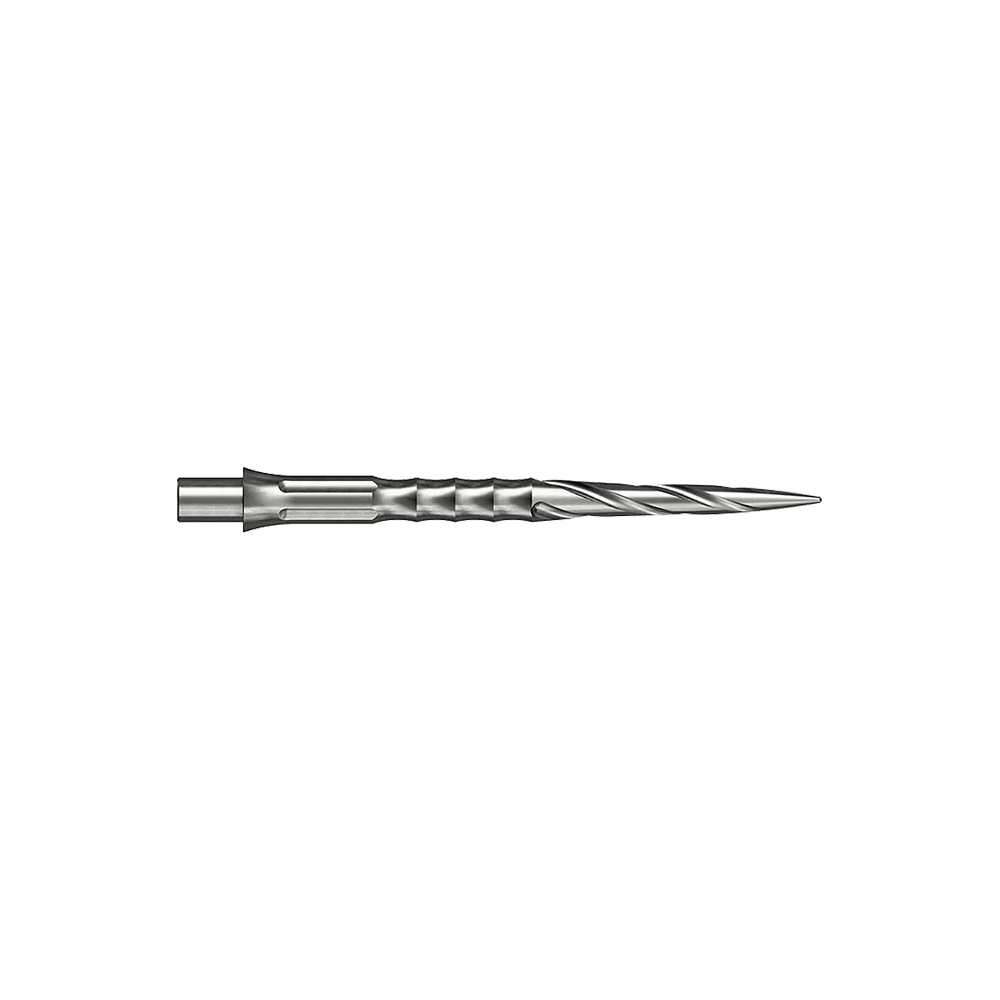 Zwei silberne Steeldartspitzen sind abgebildet. Die Spitzen sind 30 mm lang und haben ein Spiro NoLip Design.