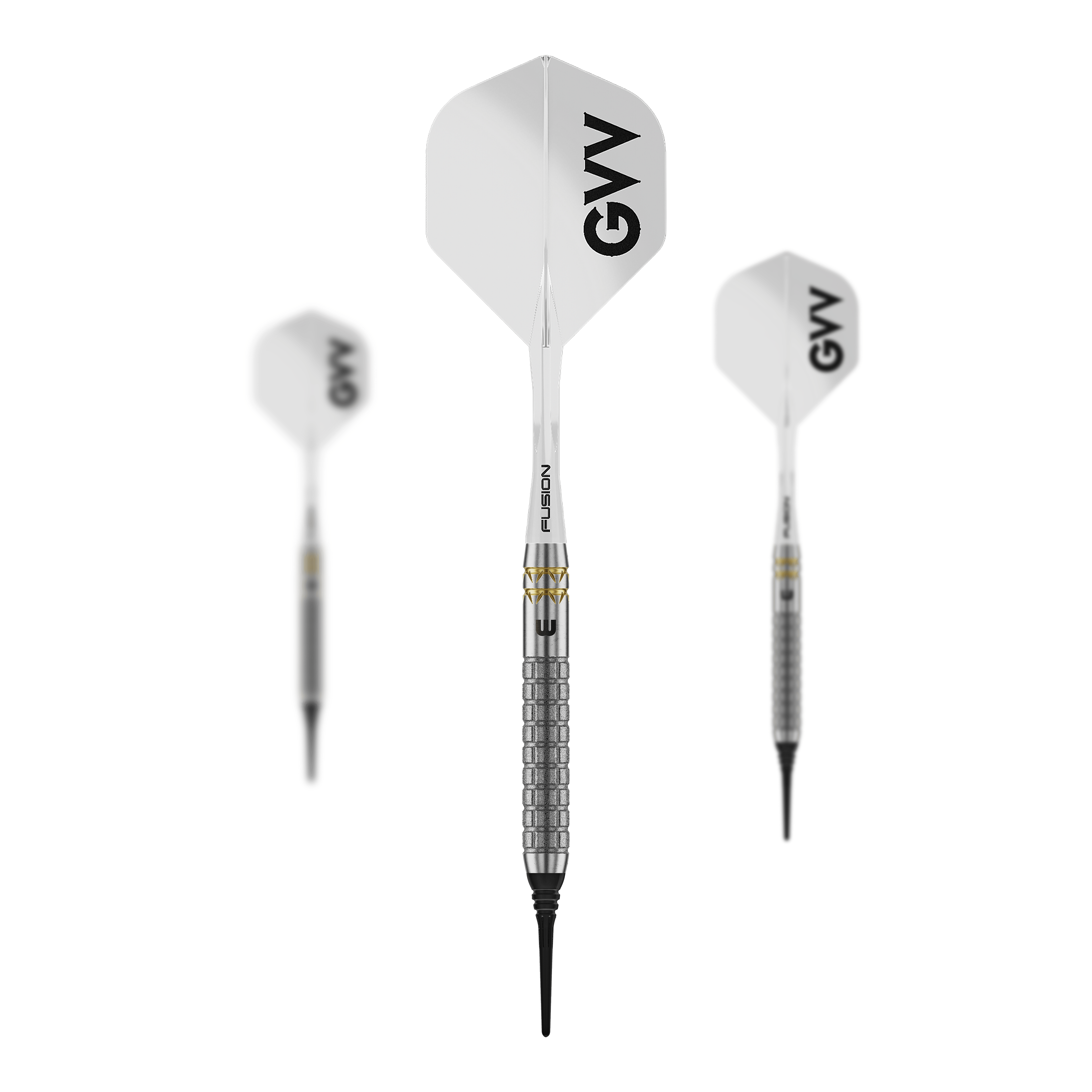 Dardos blandos Winmau Gian Van Veen W-MAX - 18g Auf dem Bild ist ein Set Winmau Gian Van Veen W-MAX Softdarts - 18g zu sehen. Drei Darts und das Zubehör sind abgebildet.