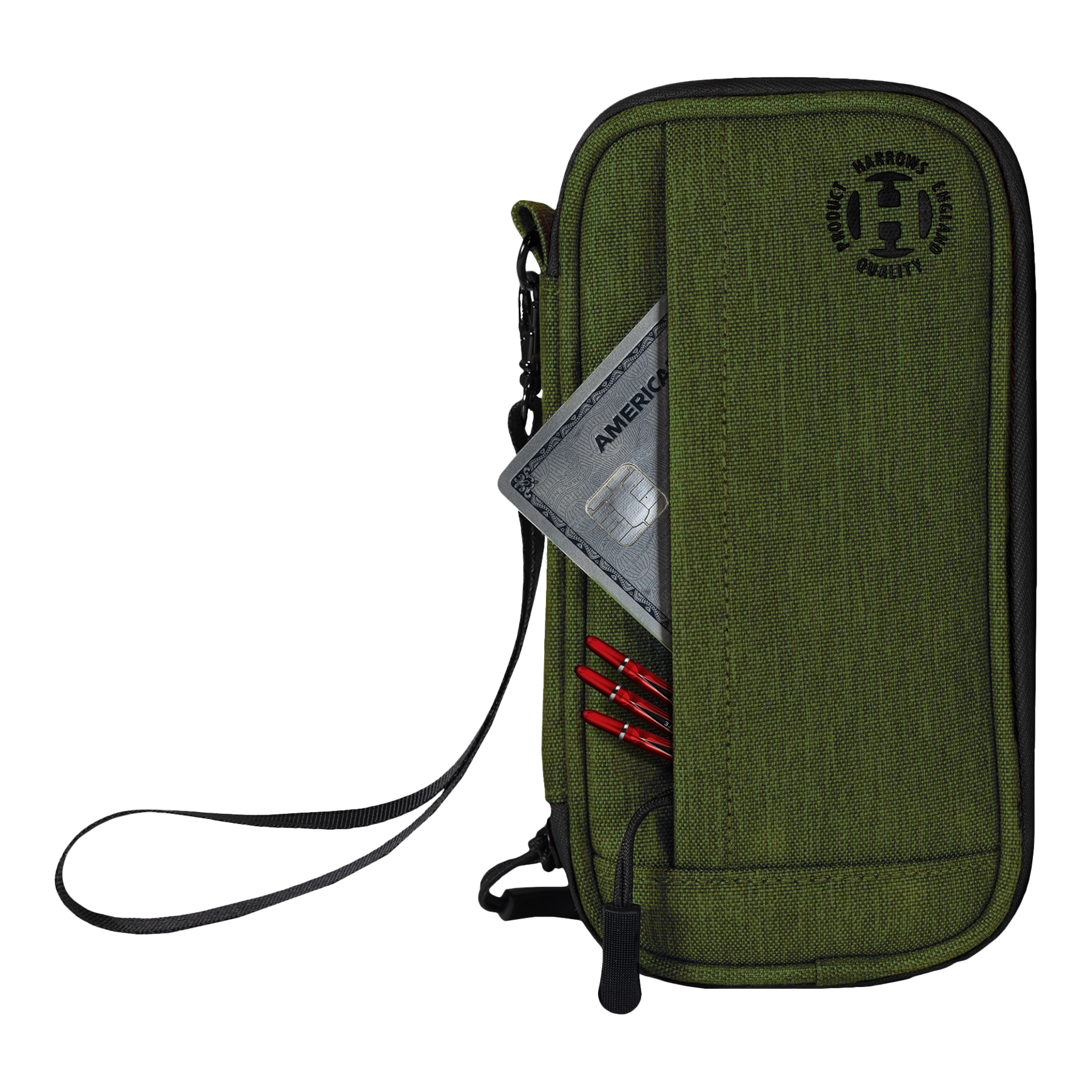 Cartera inteligente Harrows Dartcase Auf dem Bild ist ein grünes Dart-Etui mit einer Handschlaufe zu sehen. In einer Außentasche stecken eine Kreditkarte und mehrere rote Dartspitzen.