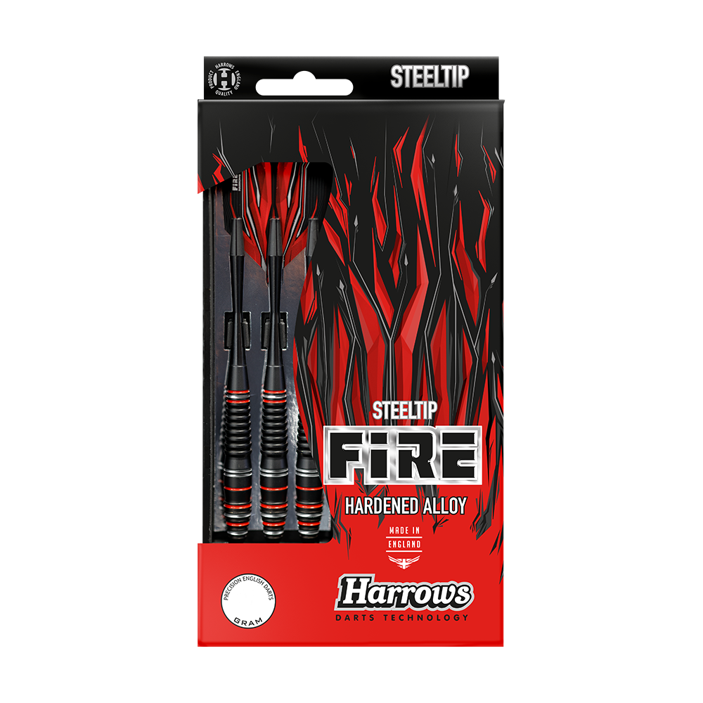 HA28825_Harrows_Fire_High_Grade_Alloy_Steeldarts_3 Die Abbildung zeigt eine Verpackung der "Harrows Fire High Grade Alloy Steeldarts". Das Design ist in Schwarz und Rot gehalten und hebt die hochwertigen Stahldarts hervor.