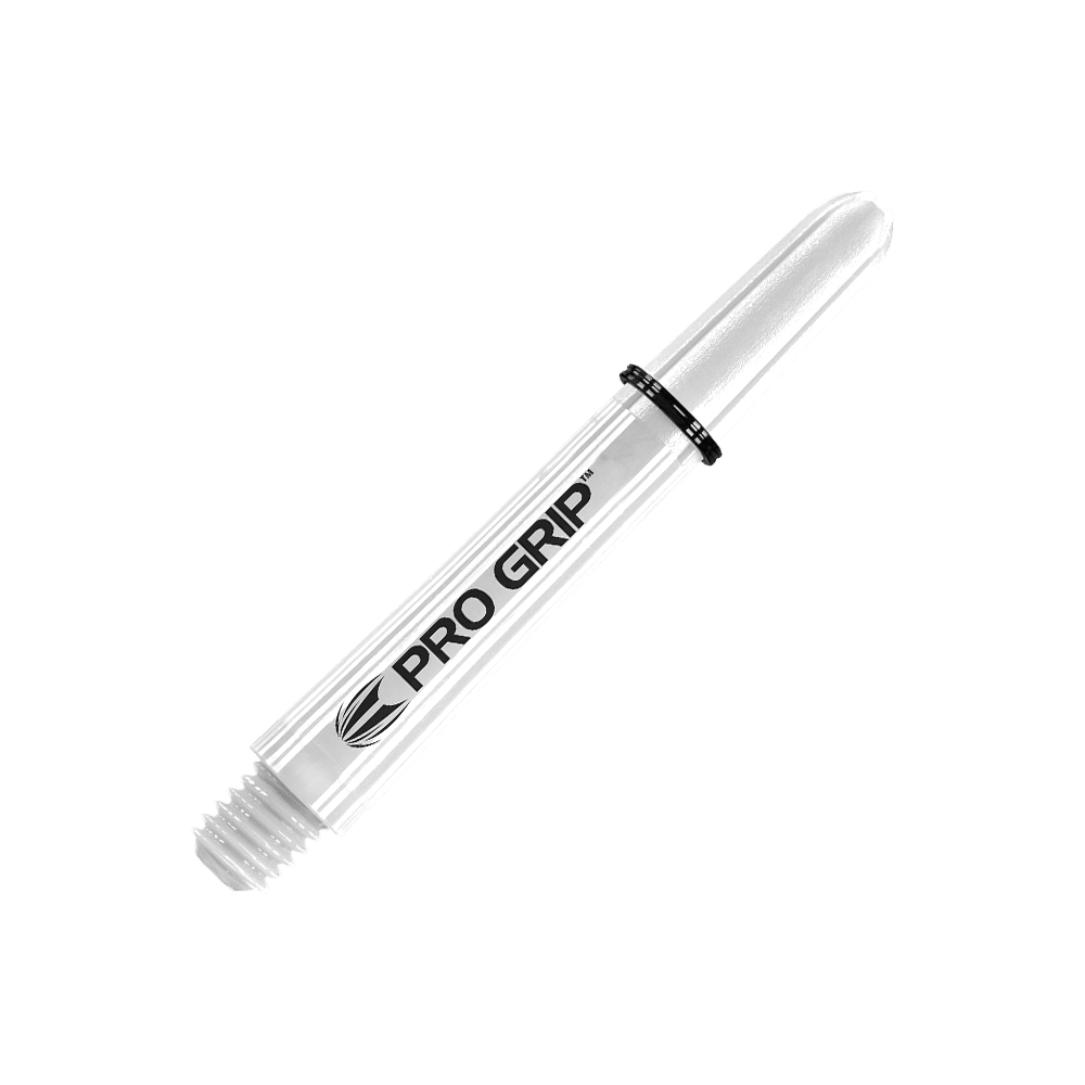 Varillas Target Pro Grip - 3 juegos - Color blanco Dies ist ein weißer Dart-Schaft mit der Aufschrift "PRO GRIP". Er hat ein glattes Design und ist am oberen Ende mit einem schwarzen Ring versehen.
