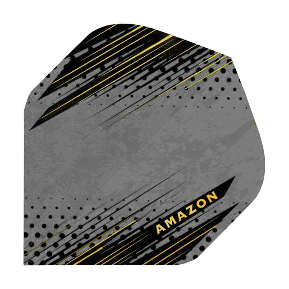 A39_Amazon_ORO_Standard_Flights_Grau_1 Das Bild zeigt das Produkt "Amazon ORO Standard Flights" mit einem modernen, grauen und schwarzen Design und gelben Akzenten. Im unteren rechten Bereich ist das Wort "AMAZON" in Gelb zu sehen.
