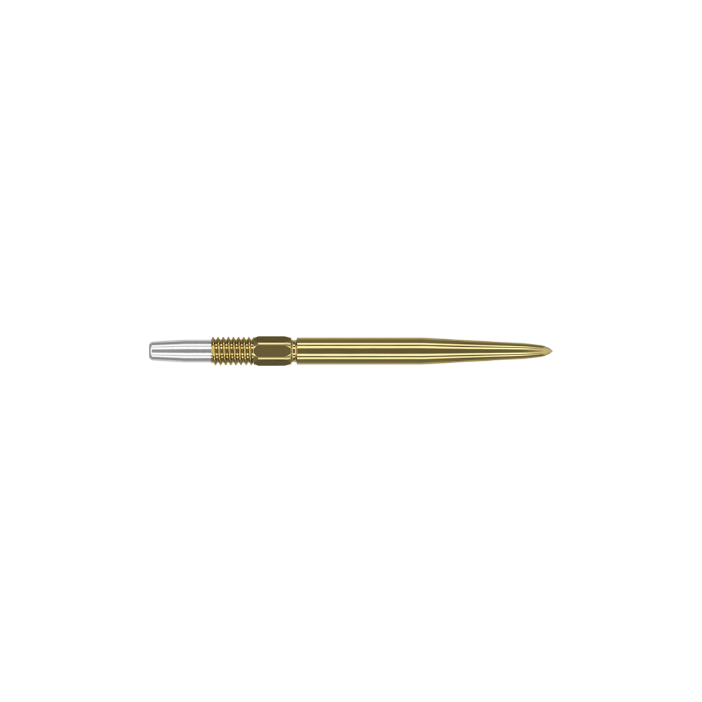 Puntas de dardos Target Swiss Point Gold Das Bild zeigt eine goldfarbene Dartspitze mit feinen Rillen. Links befindet sich ein silbernes Schraubgewinde zur Befestigung.