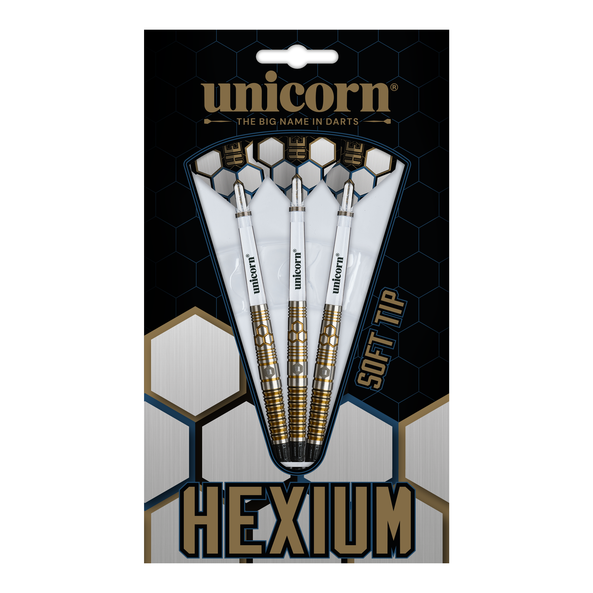 Dardos blandos Unicorn Hexium Style 03 dorados y negros - 23 g Abgebildet sind die Unicorn Hexium Style 03 Gold & Black Softdarts mit 23g. Die Pfeile zeichnen sich durch ihr elegantes Design in Gold und Schwarz aus.