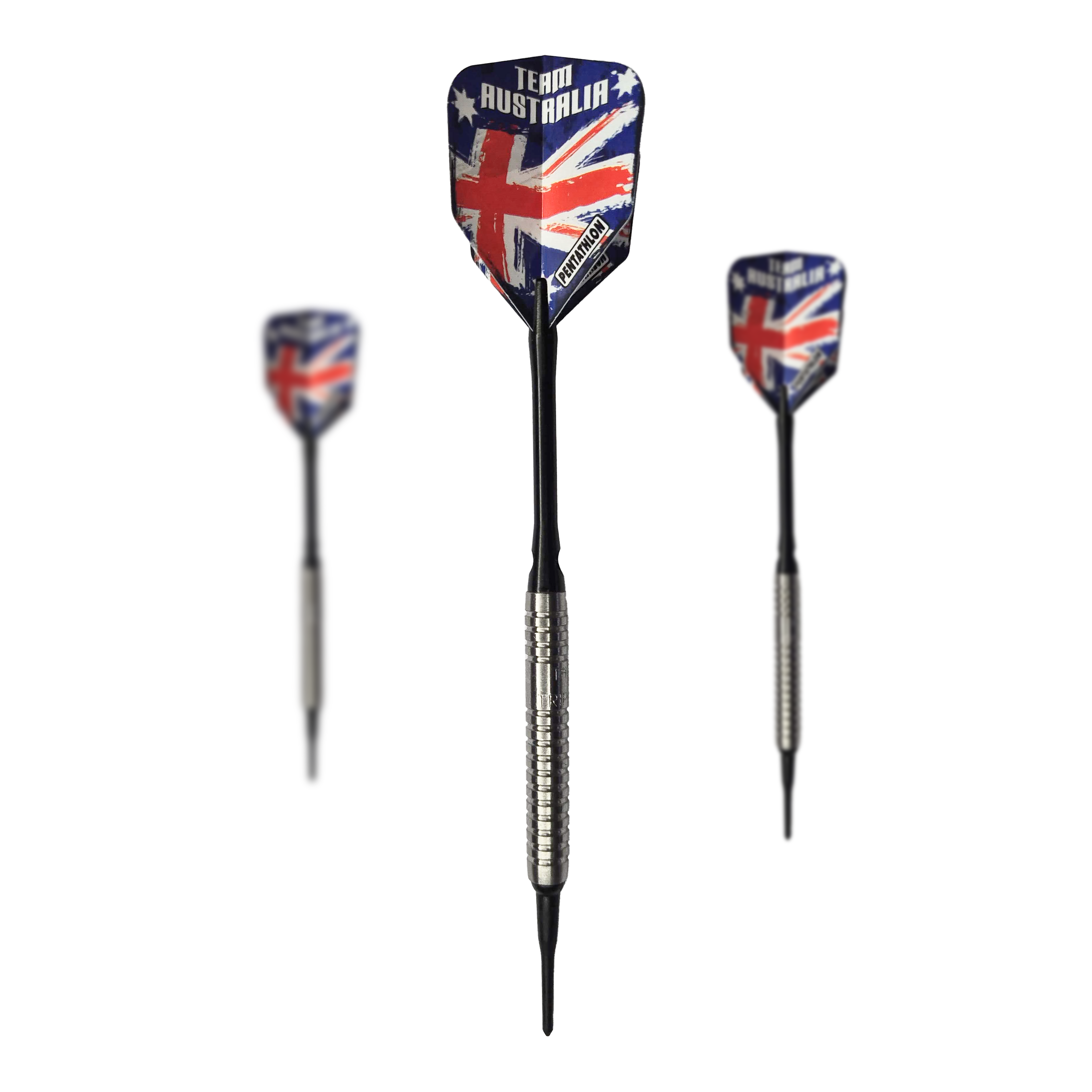 Dardos blandos McDart 85 Tungsten V5 - 16 g Das Bild zeigt drei Softdarts des Produkts „McDart 85er Tungsten V5 Softdarts - 16g“. Die Flights sind im Design der australischen Flagge gehalten und haben den Schriftzug „Team Australia“.