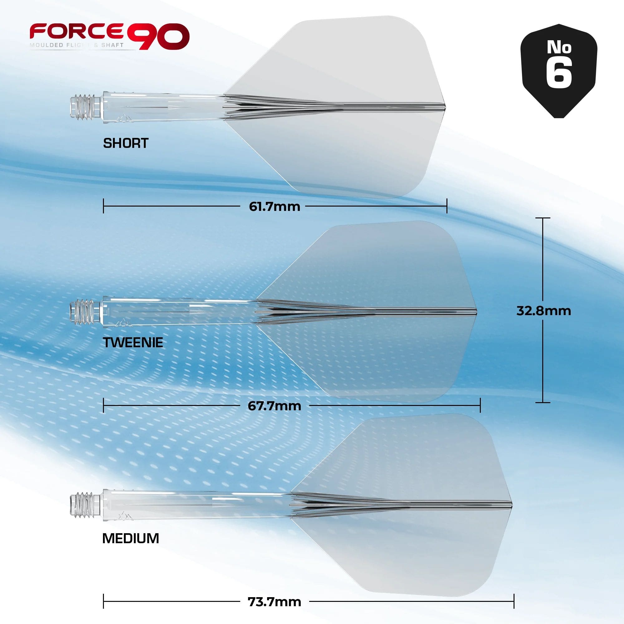 Sistema de eje de vuelo Mission Force 90 No6 - Transparente Das Bild zeigt das Produkt "Mission Force 90 No6 Flight-Shaft-System - Clear" in drei verschiedenen Längen: Short, Tweenie und Medium. Die jeweiligen Längen sind 61,7 mm, 67,7 mm und 73,7 mm, mit einer Flügelhöhe von 32,8 mm.