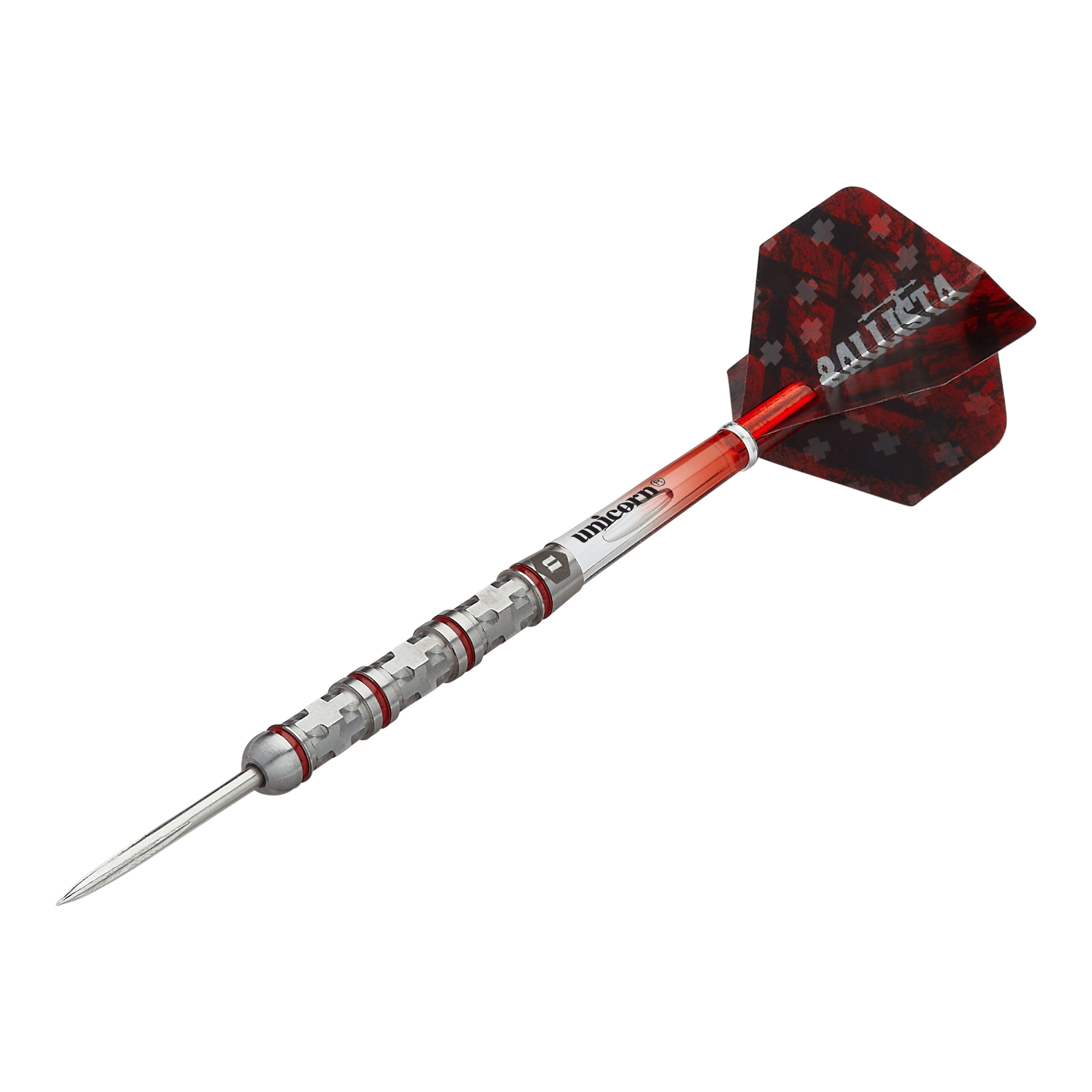 Dardos de acero estilo Ballista Unicorn 4 Das Bild zeigt einen Unicorn Ballista Style 4 Steeldart. Der Dartpfeil hat eine rot-silberne Farbgebung und ein markantes Flight-Design.