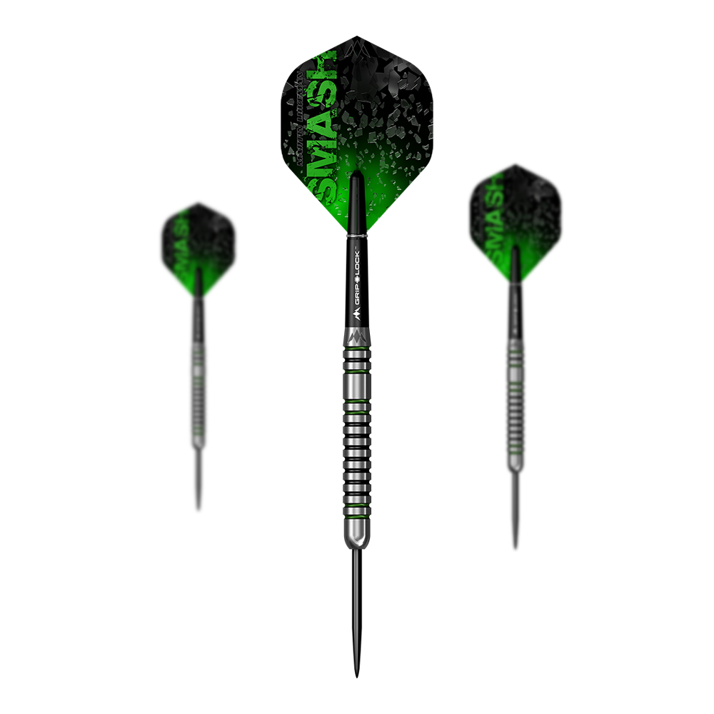 Mission Martin Lukeman Smash Dardos de acero - 23g Das Bild zeigt drei Steeldarts mit dem Namen „Mission Martin Lukeman Smash Steeldarts - 23g“. Die Flights sind schwarz-grün und tragen den Schriftzug „SMASH“.