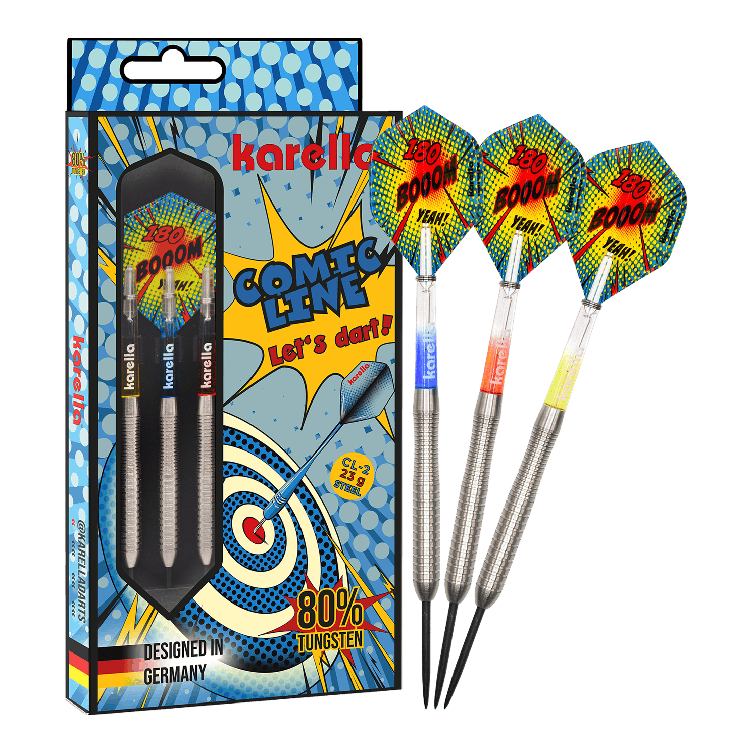 Dardos de acero Karella Comic Line CL-2 - 23 g Zu sehen ist das vollständige Set der Karella Comic Line CL-2 Steeldarts in 23g. Die Steeldarts bieten eine gute Balance für ambitionierte Spieler.