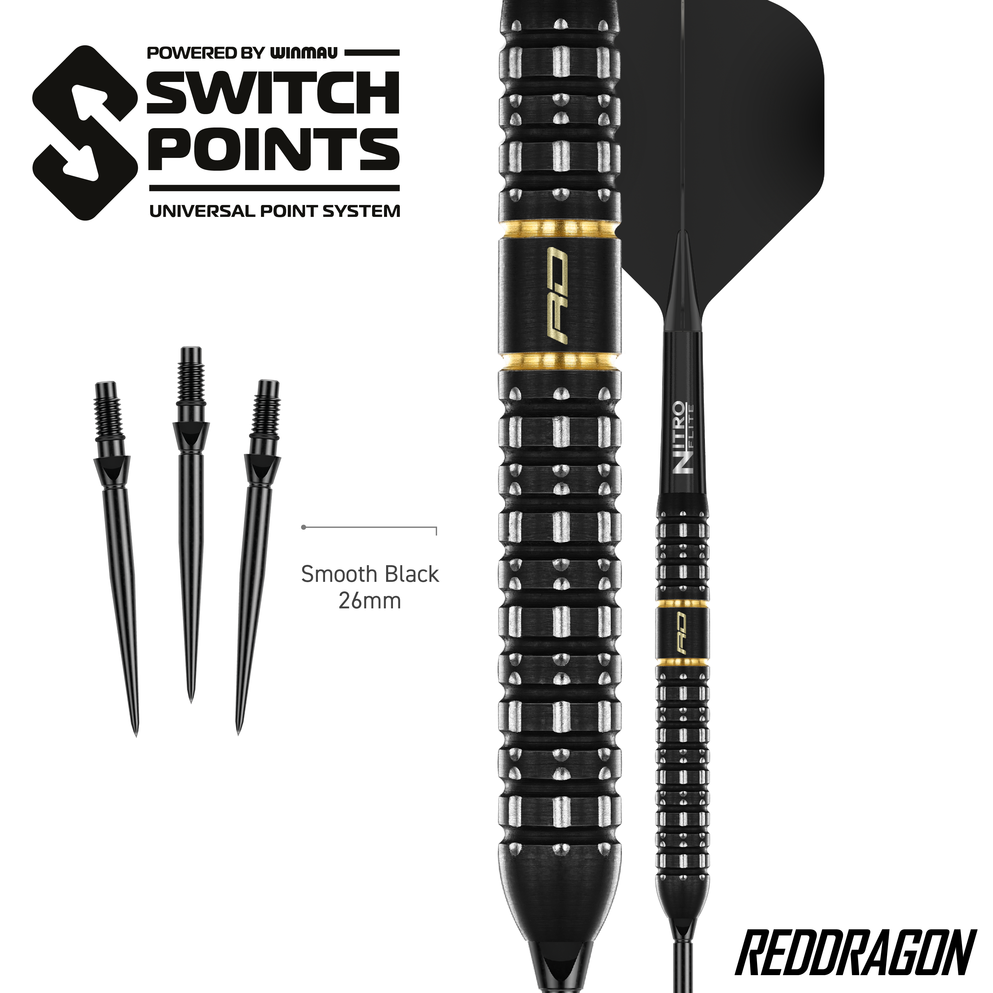 Dardos de acero de punto de conmutación paralelo Red Dragon Ascenso Das Bild zeigt die Red Dragon Ascend Parallel Switch Point Steeldarts. Die Darts sind seitlich abgebildet und zeigen das spezielle Barrel-Design.